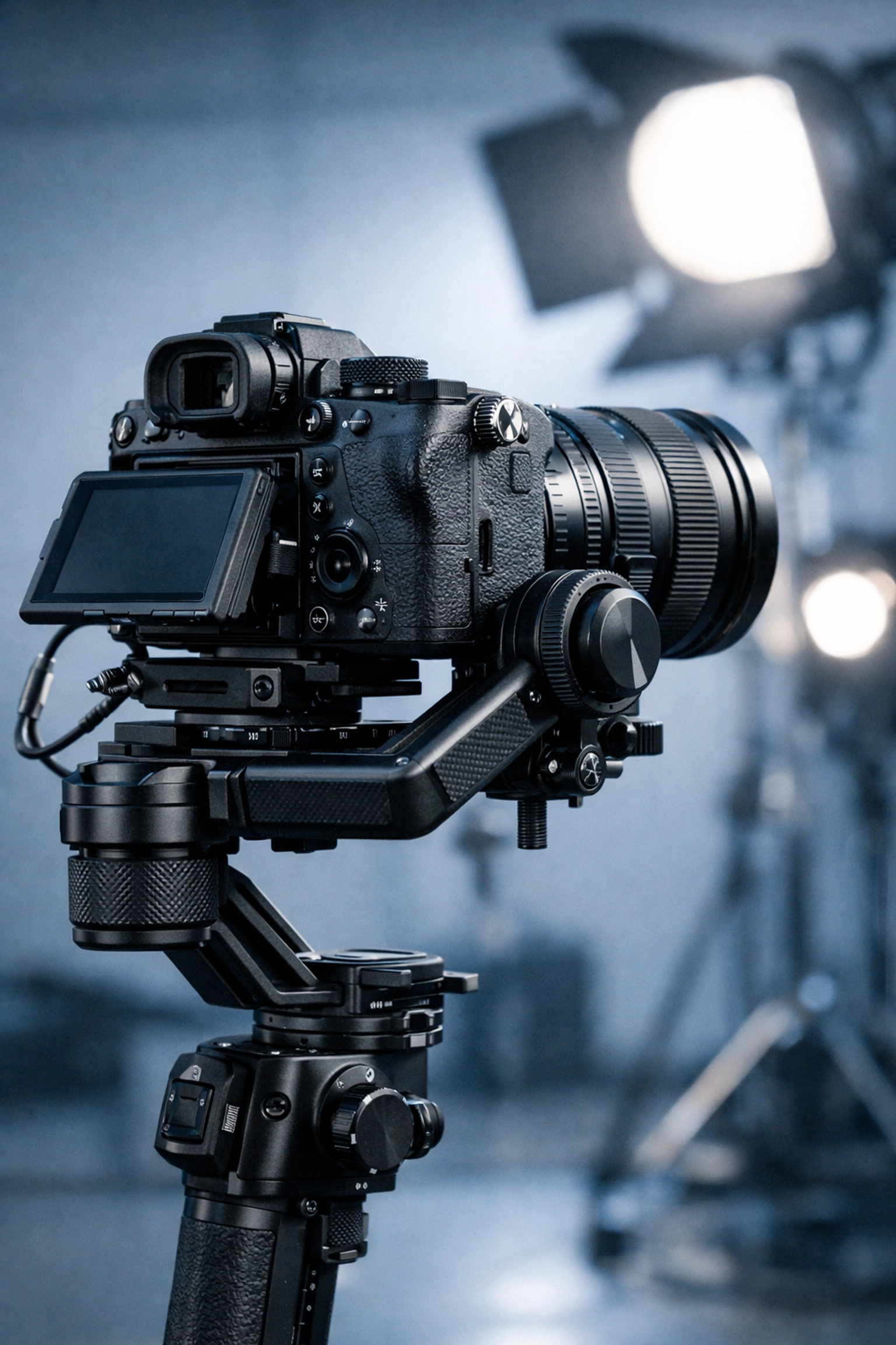 Close-up of professional camera equipment on a gimbal for a high-end commercial photo shoot.