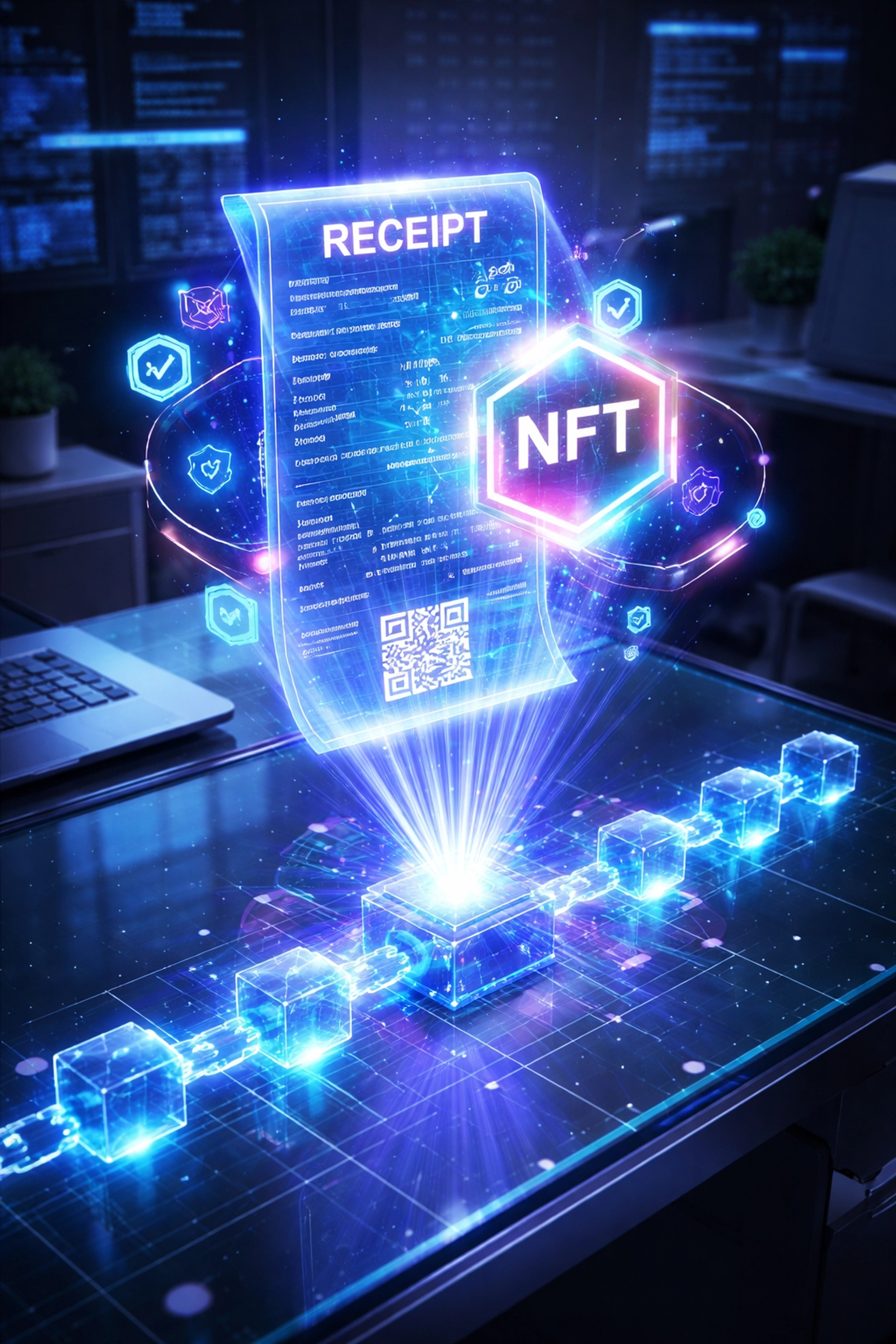 A digital receipt transforms into an NFT token above a glass desk, representing blockchain-verified payments with Larecoin.