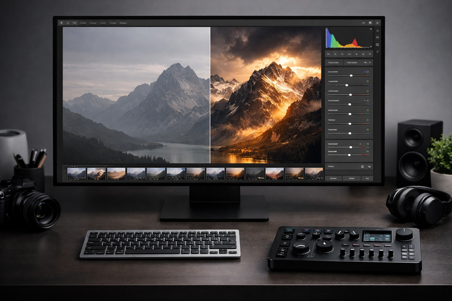 Comparison of raw and edited photos on a monitor to illustrate photo editing and photography tutorials.