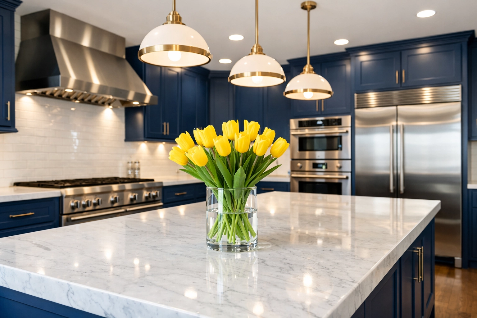 Spotless gourmet kitchen with marble island after a professional bi-weekly house cleaning in Maynard.