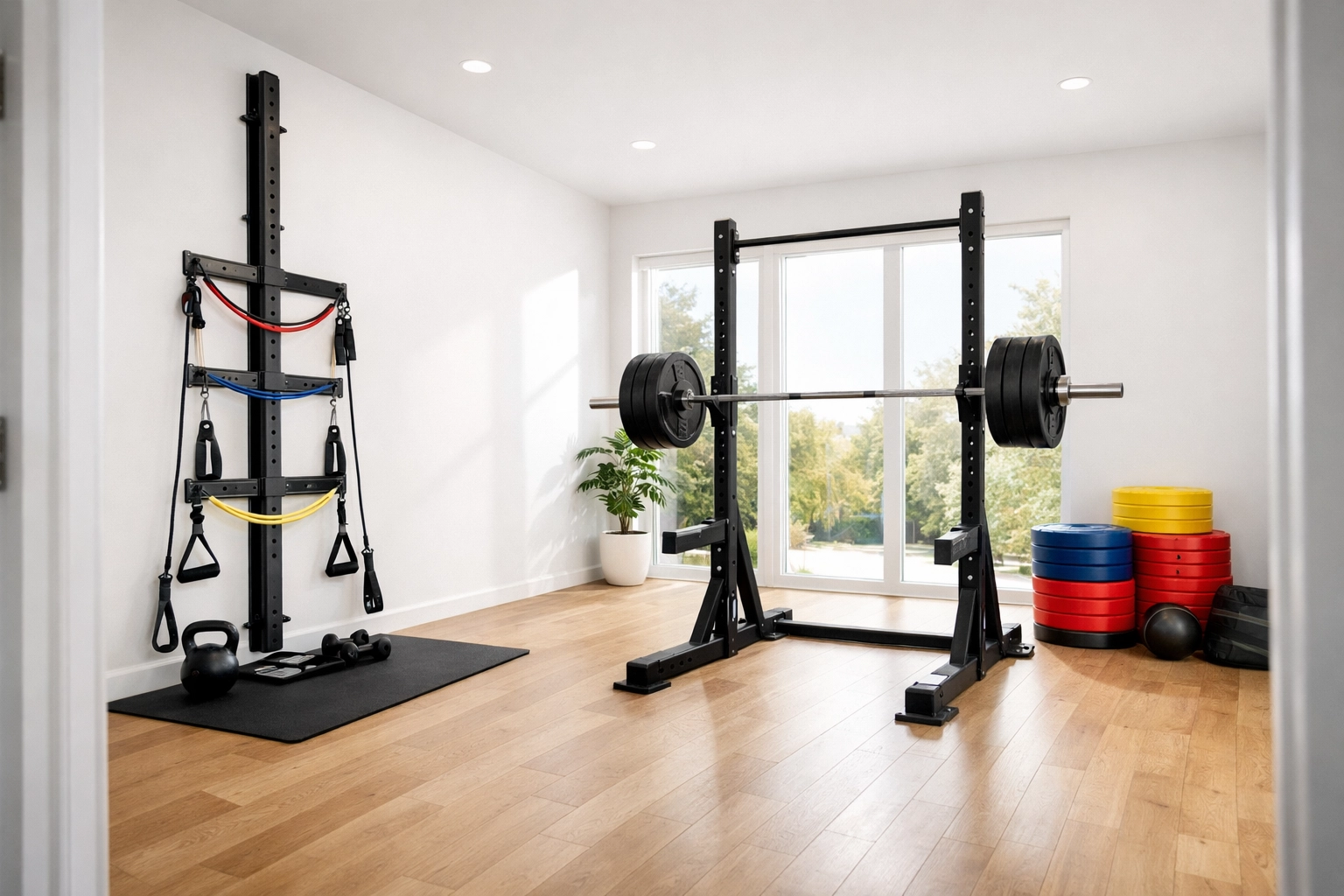 Complete crossfit home gym with the Resistance Rail and weightlifting gear for a full body workout at home.
