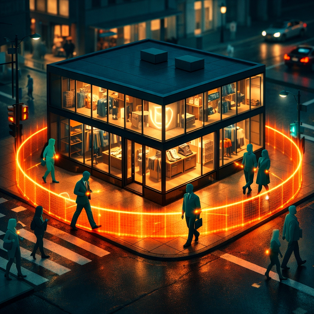 Digital geo-fencing boundary around a small business storefront to capture local customer intent.