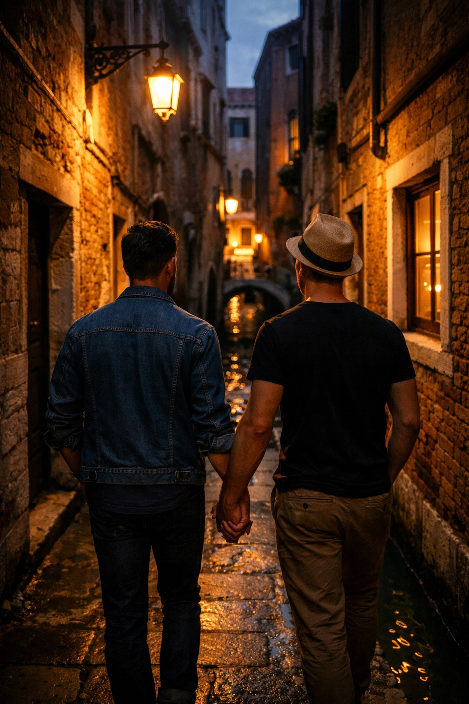 Two men holding hands exploring narrow Venetian alleyway on Italian honeymoon