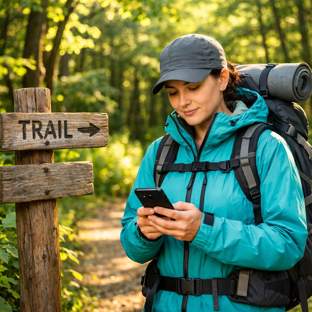 Hiker checking their route on a smartphone near a trail marker before a guided hiking trip.