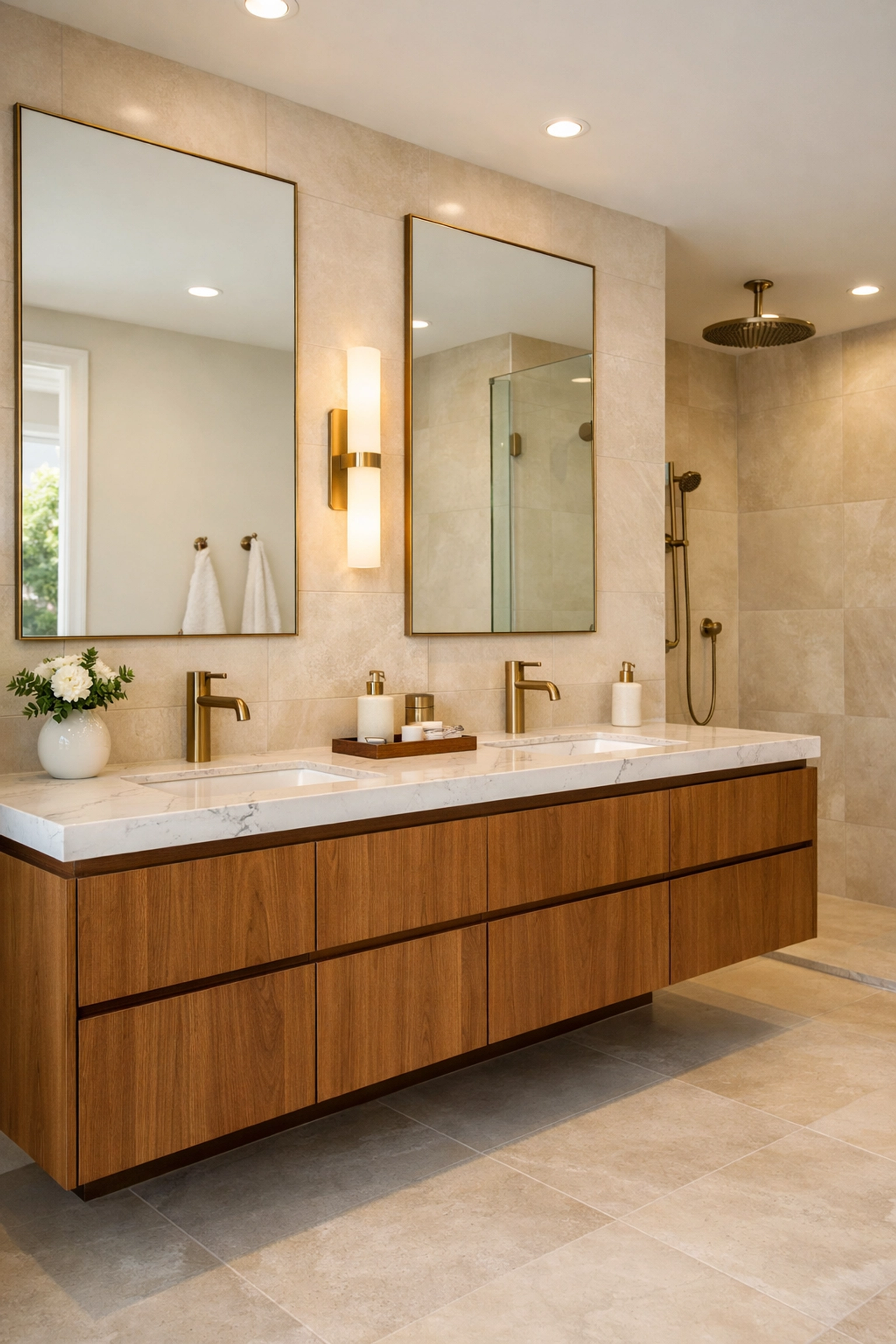 Luxury bathroom renovation Orlando with floating vanity and natural stone countertops