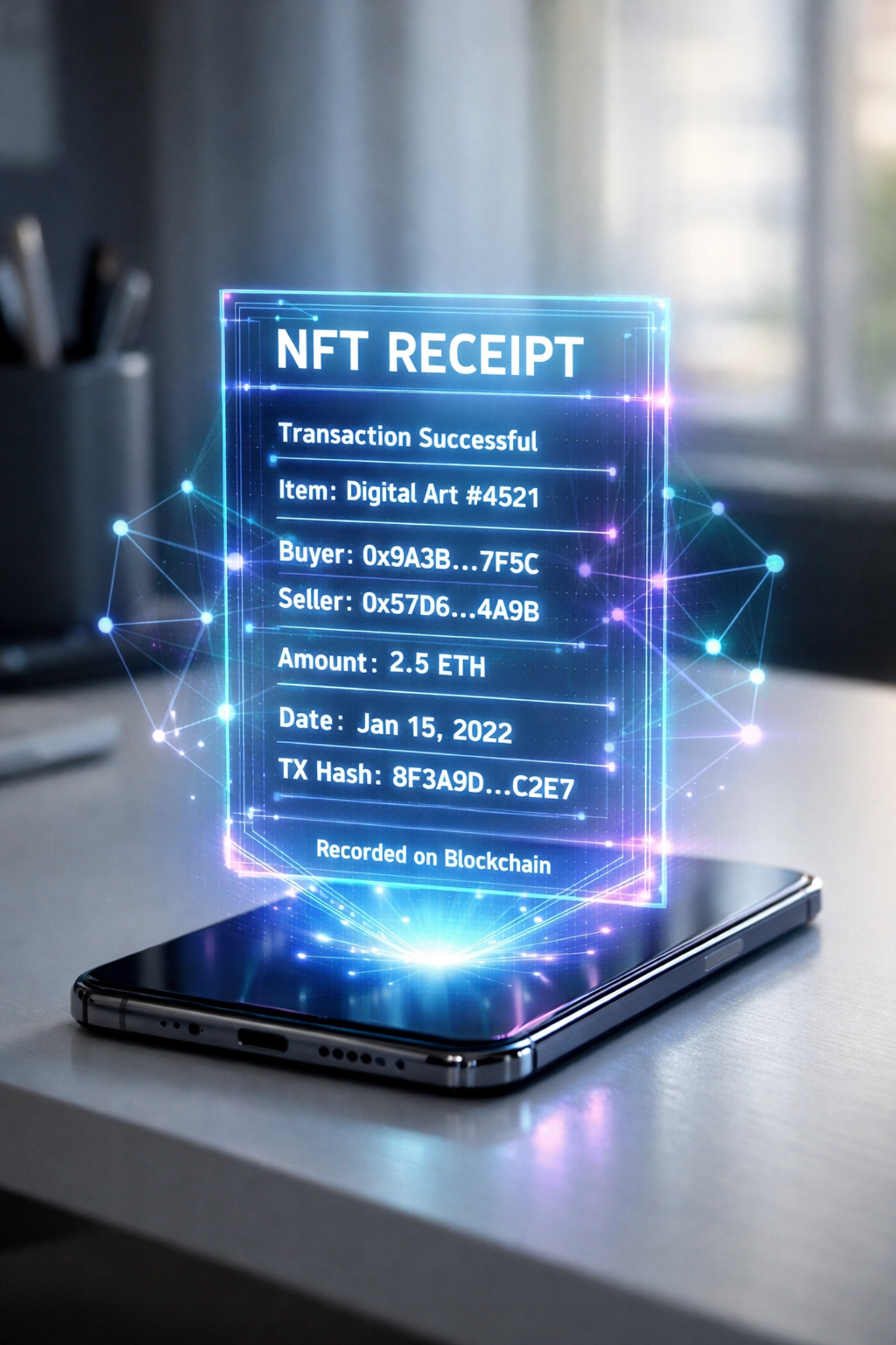 NFT receipt hologram displaying blockchain-verified transaction for crypto accounting and compliance