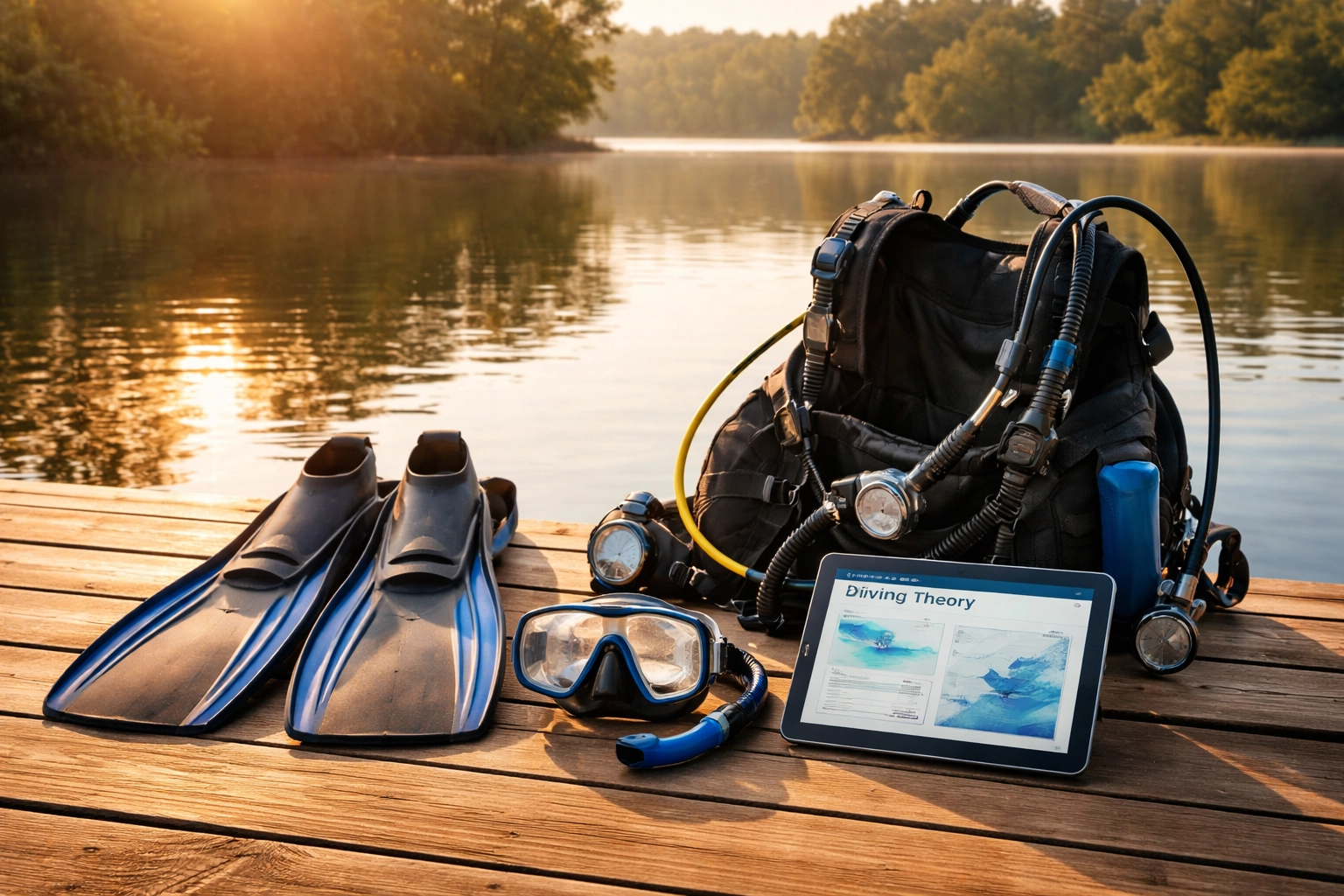 Tauchausrüstung und Lernmaterial für Open Water Diver Kurs am Seeufer bereit zum Training