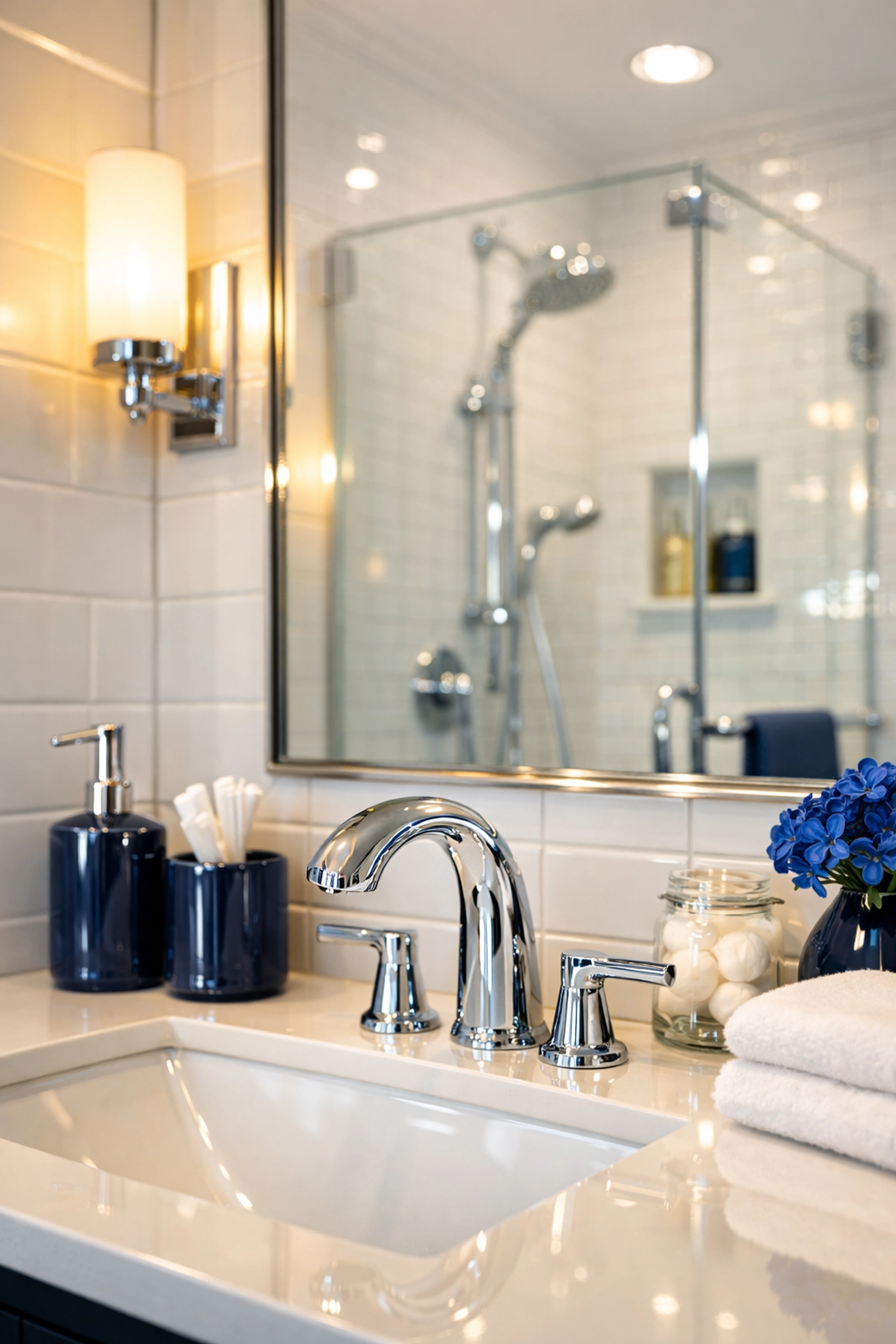 Spotless bathroom with white subway tiles and shiny chrome fixtures after move-out cleaning.