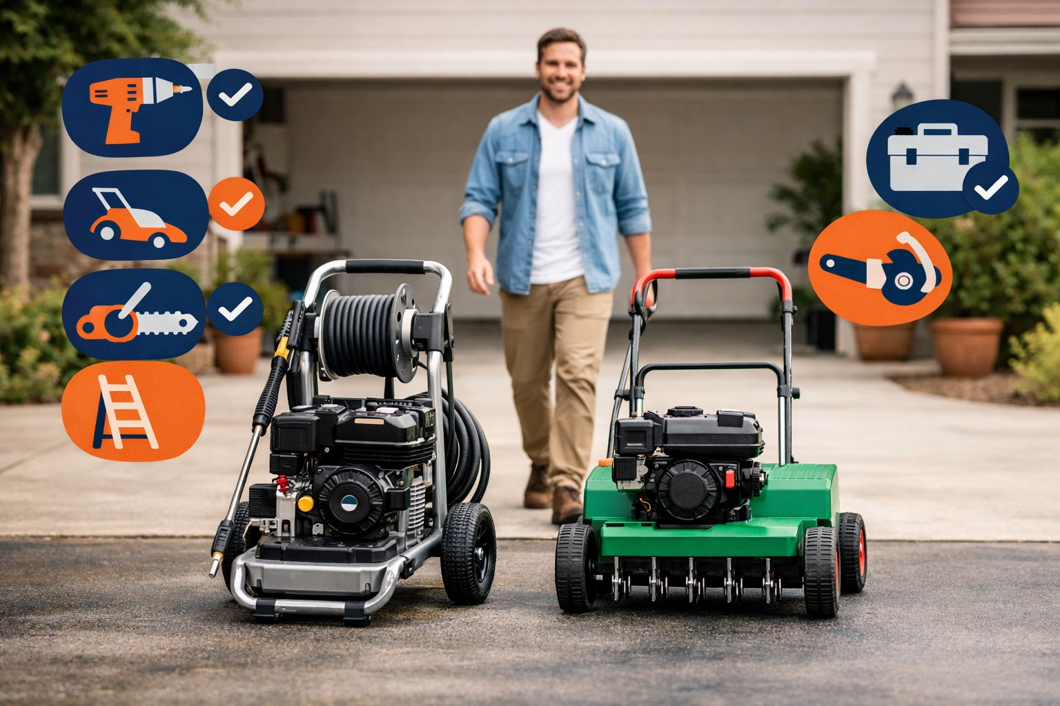 Pressure washer and lawn aerator on a driveway, highlighting easy access to shared home maintenance tools.