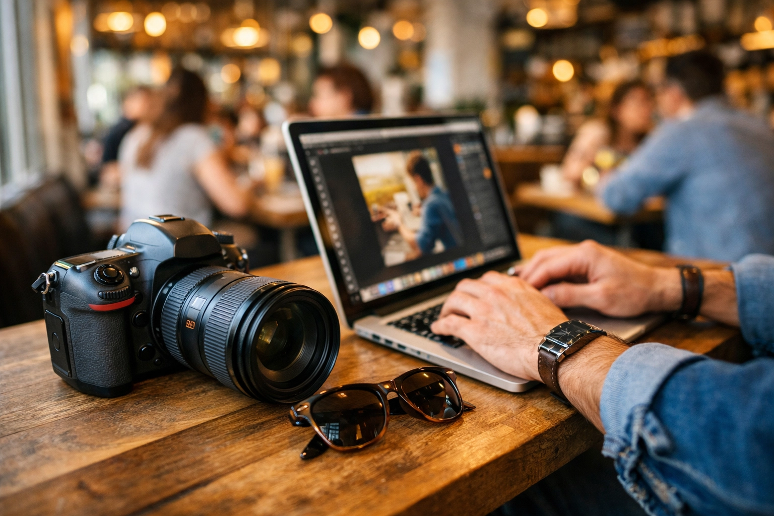 Photographer using Proshoot.io to manage their freelance business from a laptop at a bright cafe.