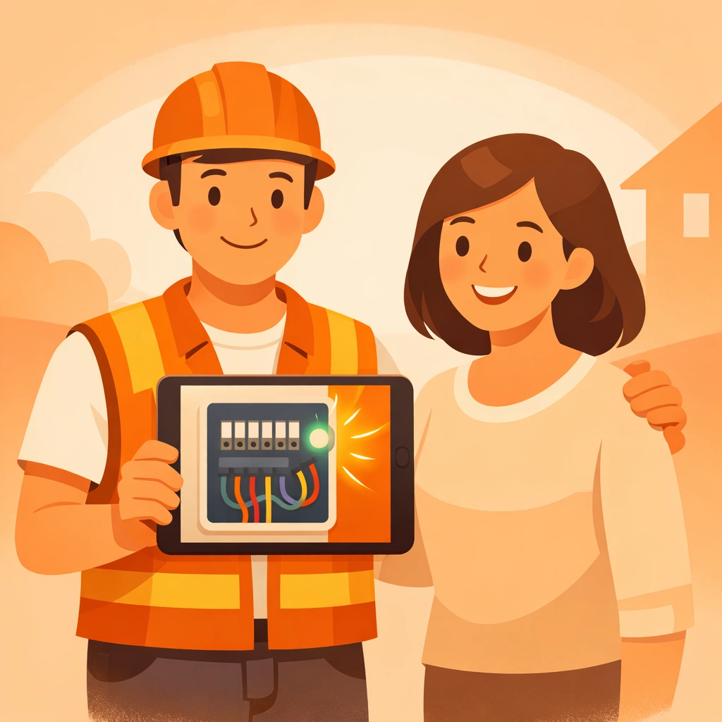 A professional contractor using a simple photo app to share job progress with a satisfied customer.