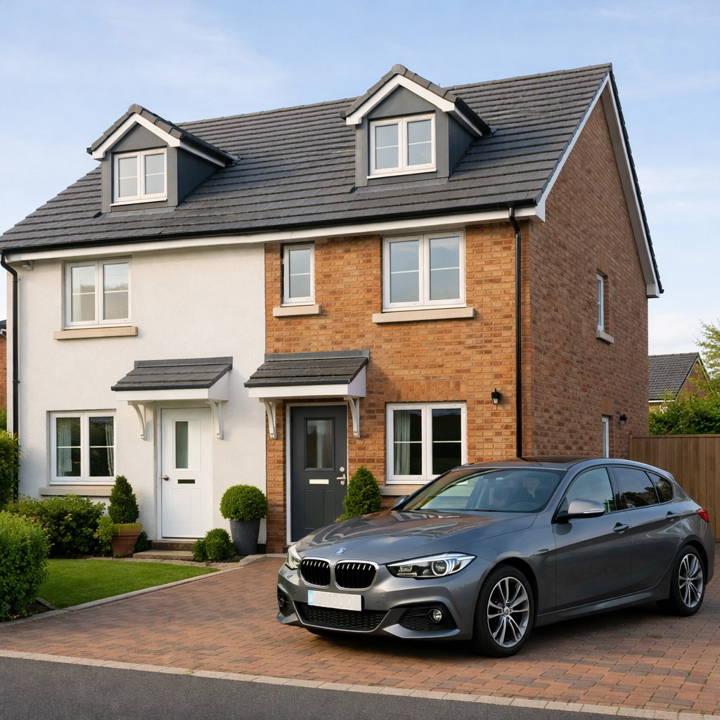 A modern car parked on a UK home driveway, representing personal motor insurance and protection for family assets.