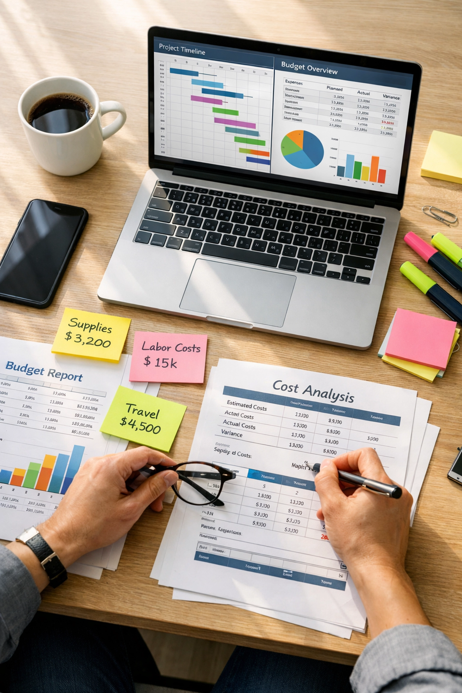 ServiceNow project manager planning ROI optimization and license audit budget with financial spreadsheets