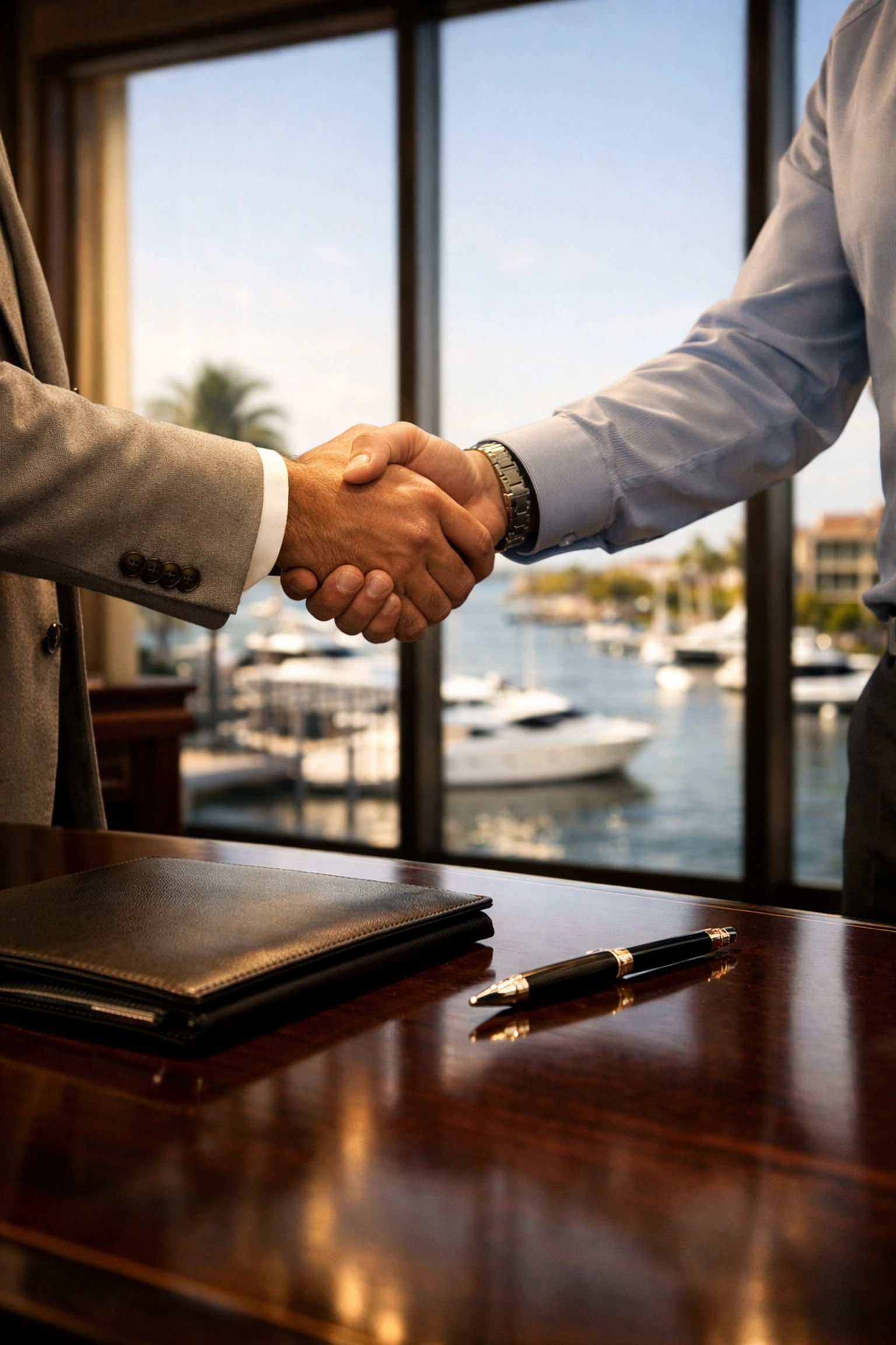 Professional handshake in a Cape Coral office signaling a successful business exit and sale.