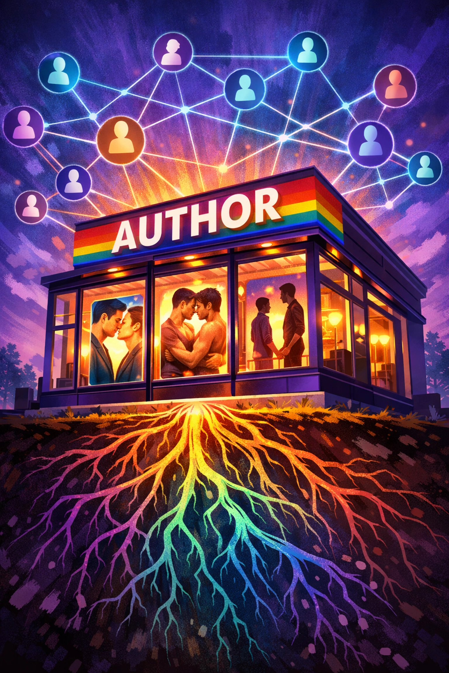 MM romance author storefront with glowing books and reader connections symbolizing growth