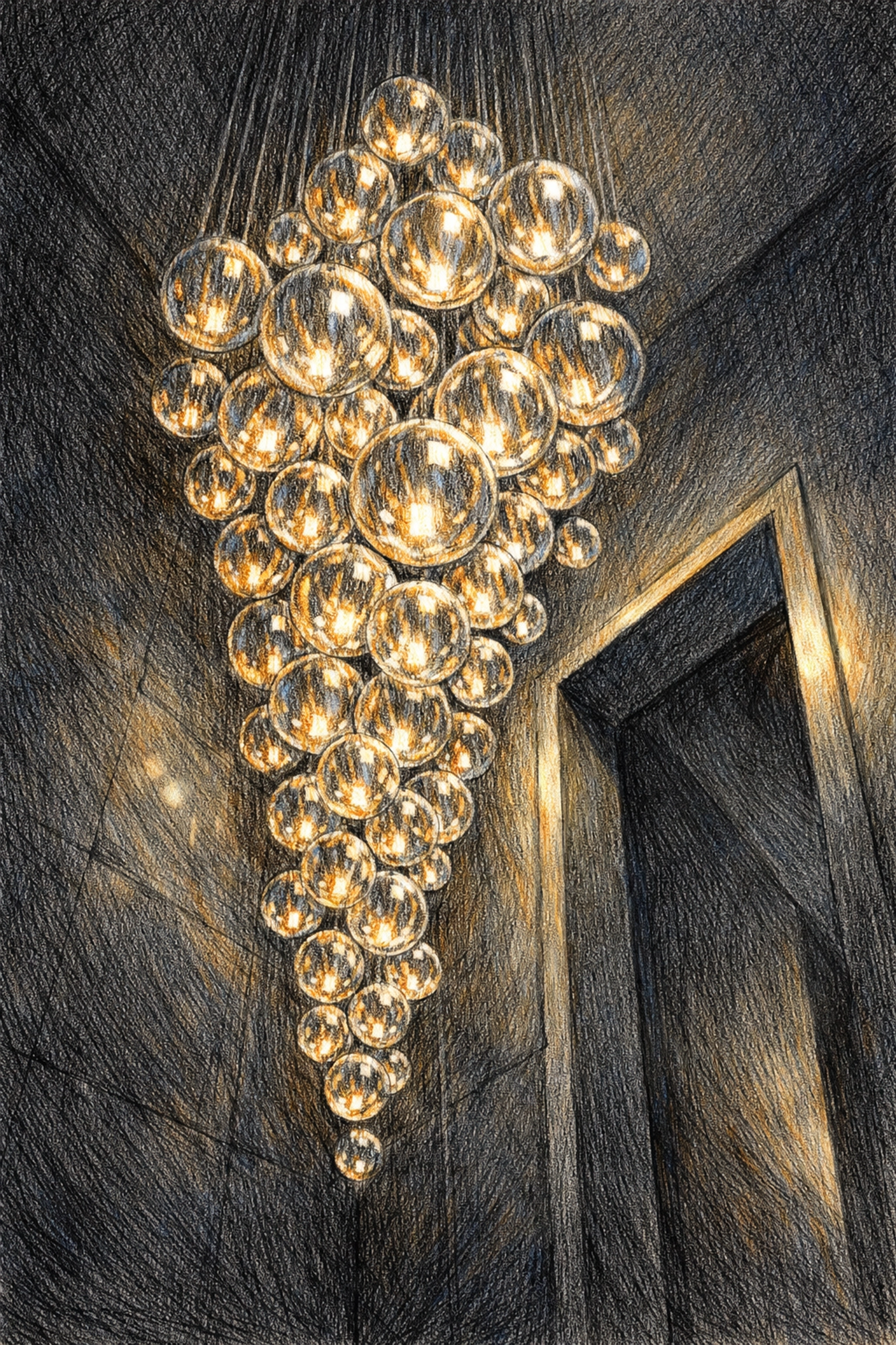 Dramatic sculptural glass chandelier in a dark, modern luxury boutique hotel entryway.