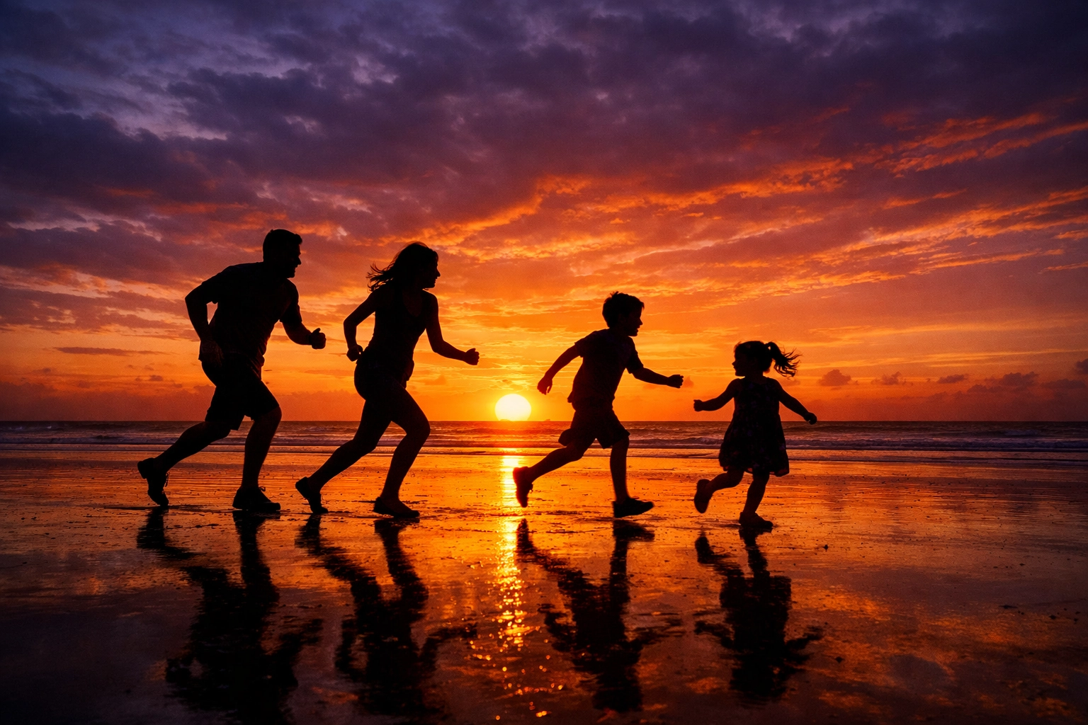 Family silhouettes playing shadow tag on the beach at sunset to capture artistic travel memories.