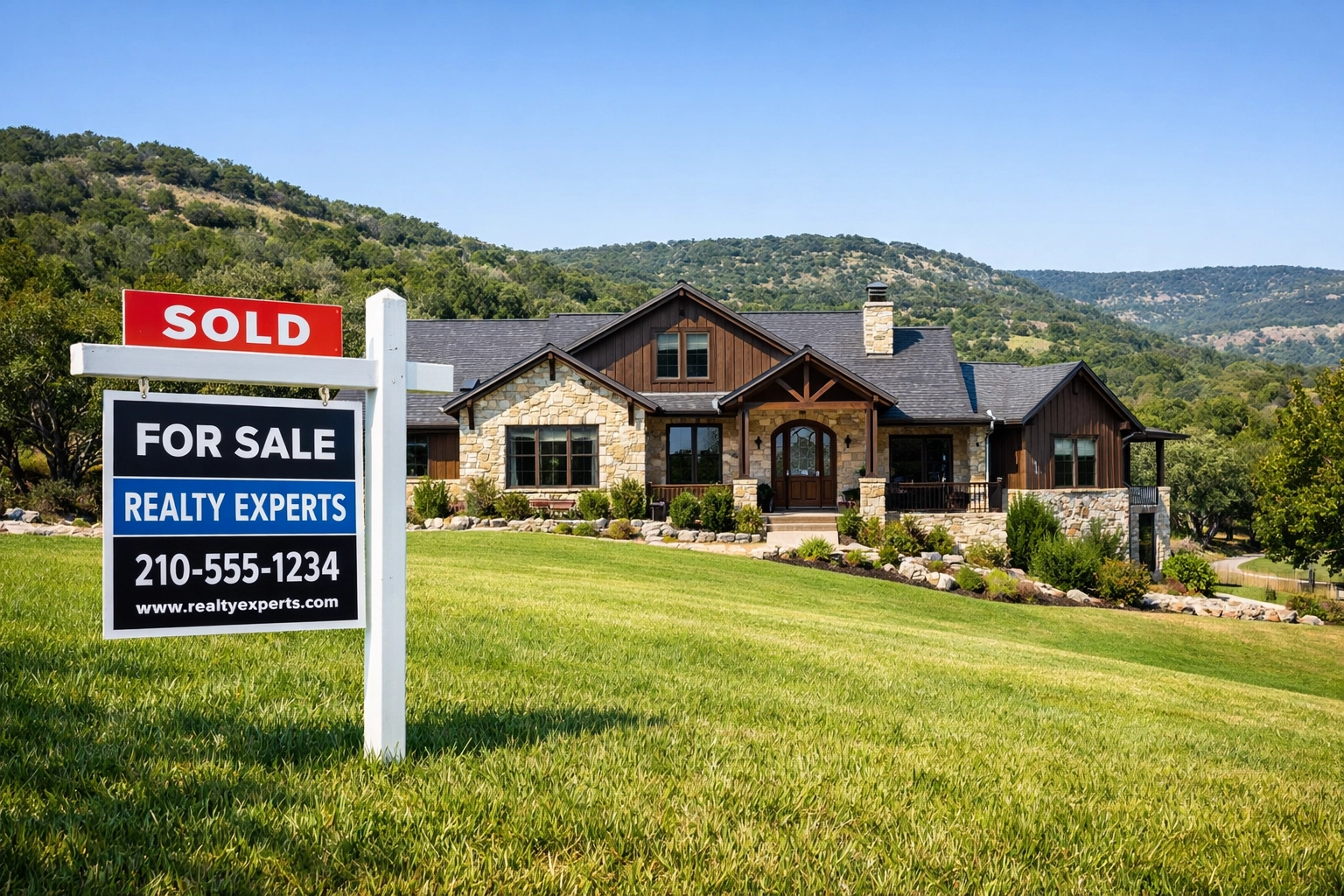 Modern ranch-style home in Helotes with a sold sign highlighting Texas Hill Country real estate.