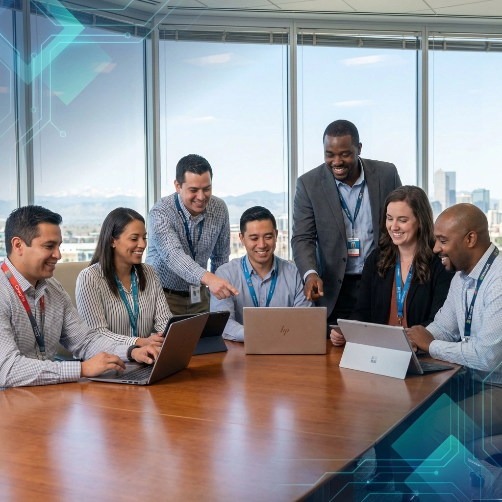 Diverse IT support team with certifications collaborating at a Denver office, representing managed IT services expertise.