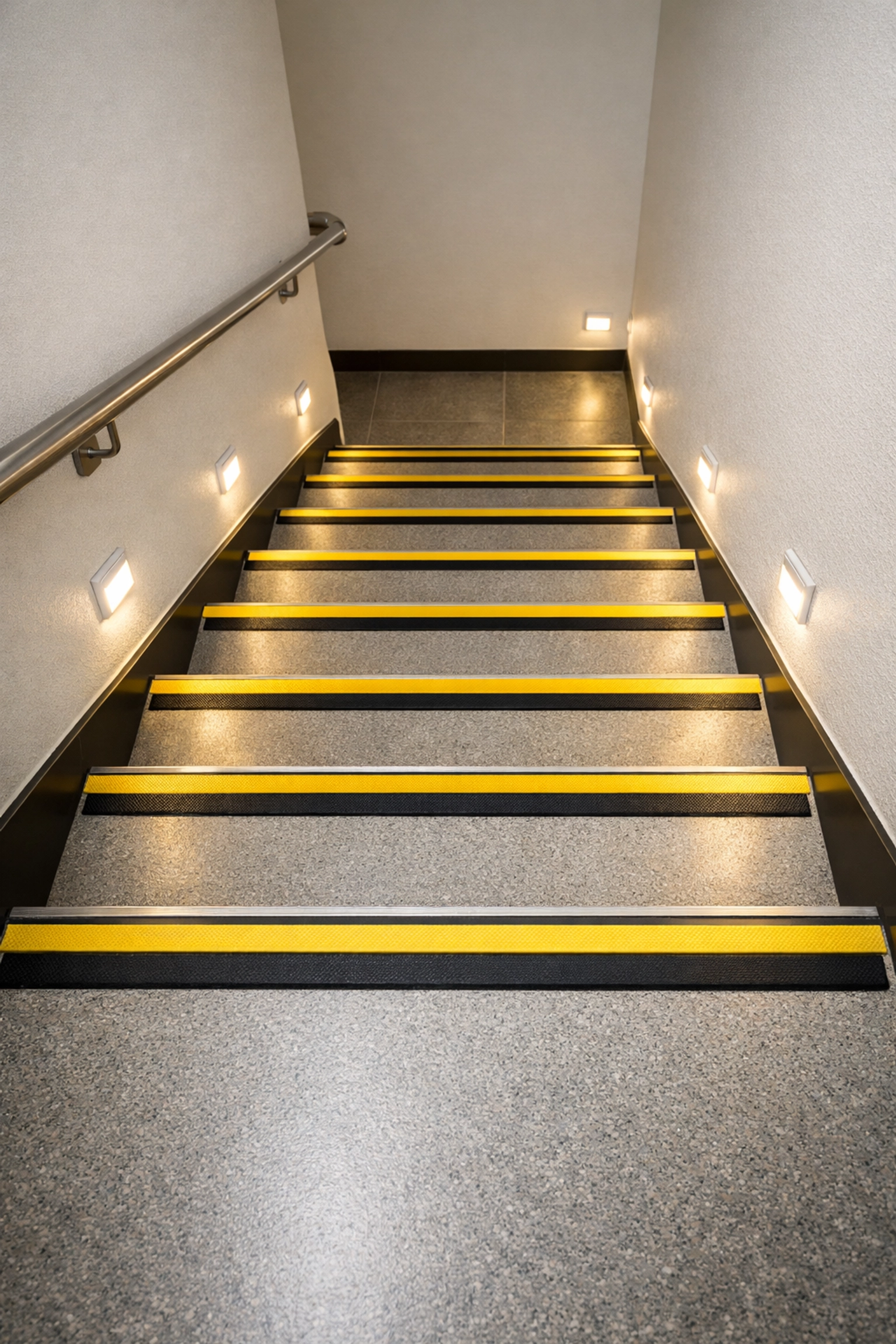 Safe stairs with high-contrast non-slip treads and motion-sensor LED lighting to prevent falls.