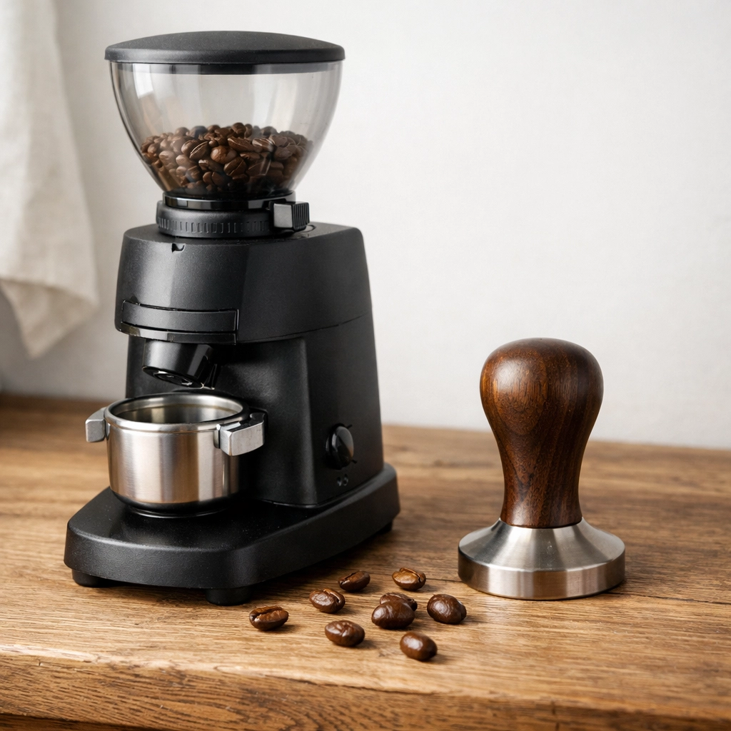 Professional coffee grinder and tamper on a rustic counter, essential equipment provided by coffee suppliers.
