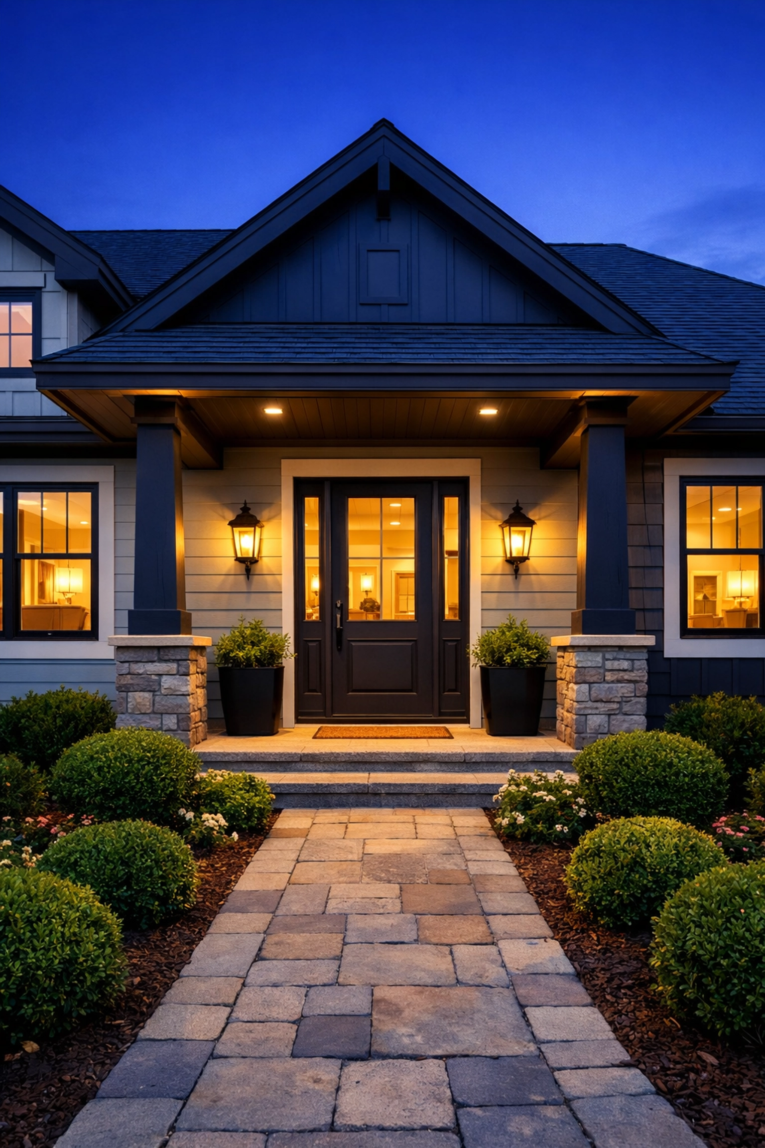 Welcoming modern home exterior at dusk with glowing porch lanterns and beautiful curb appeal.