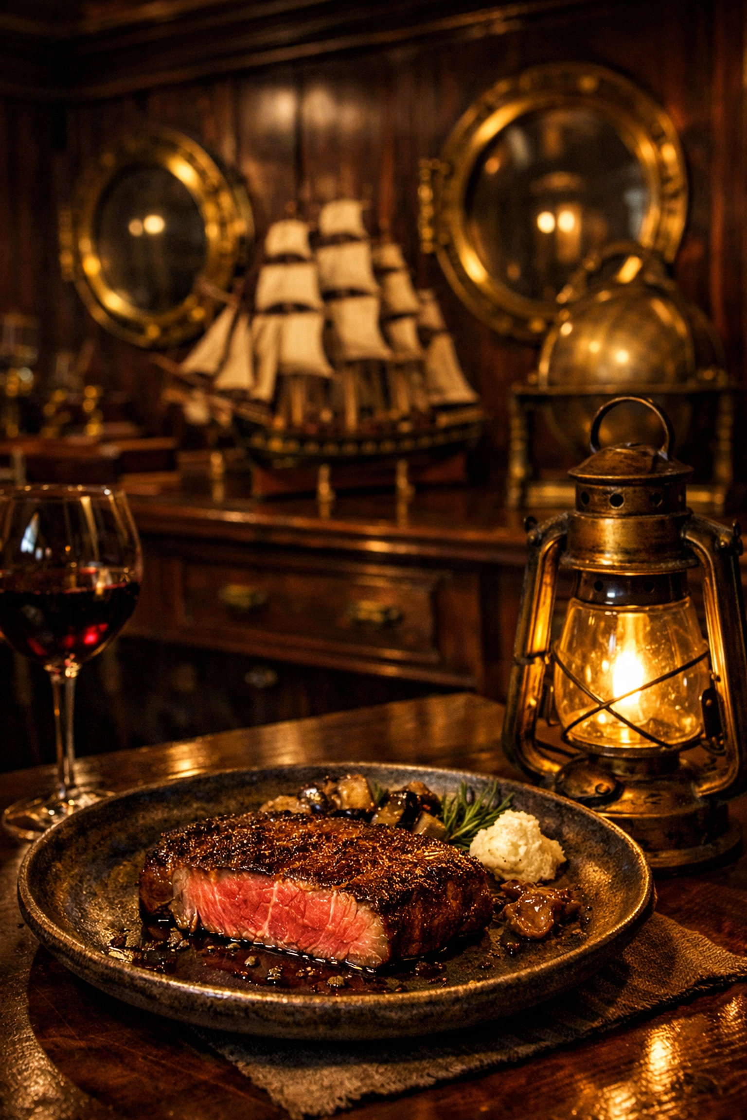 Seared wagyu steak inside the nautical-themed GUN-SHIP restaurant, a top spot for moody photography in Tokyo.
