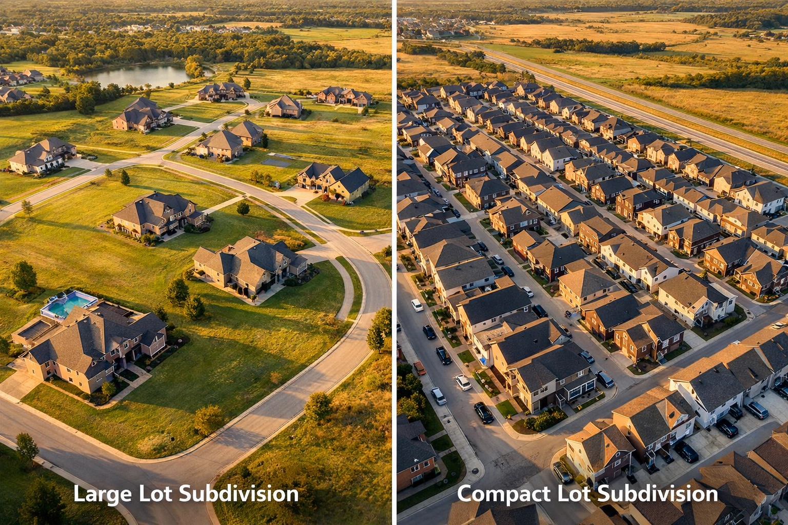 Aerial comparison of traditional large-lot versus compact small-lot residential subdivisions