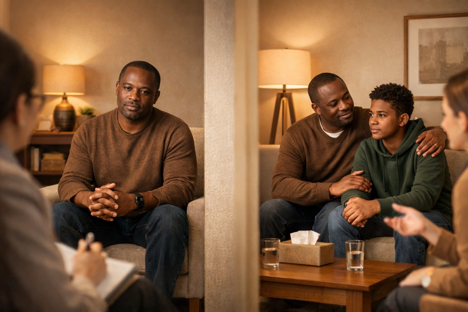 Man attending both individual therapy and family therapy sessions for comprehensive divorce healing