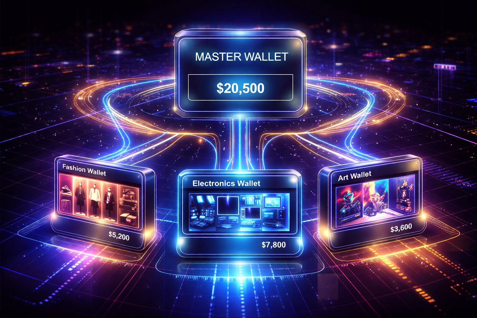 Digital wallet interface with multiple store management panels, showcasing master and sub-wallet architecture for seamless crypto payments in the B2B2C metaverse.