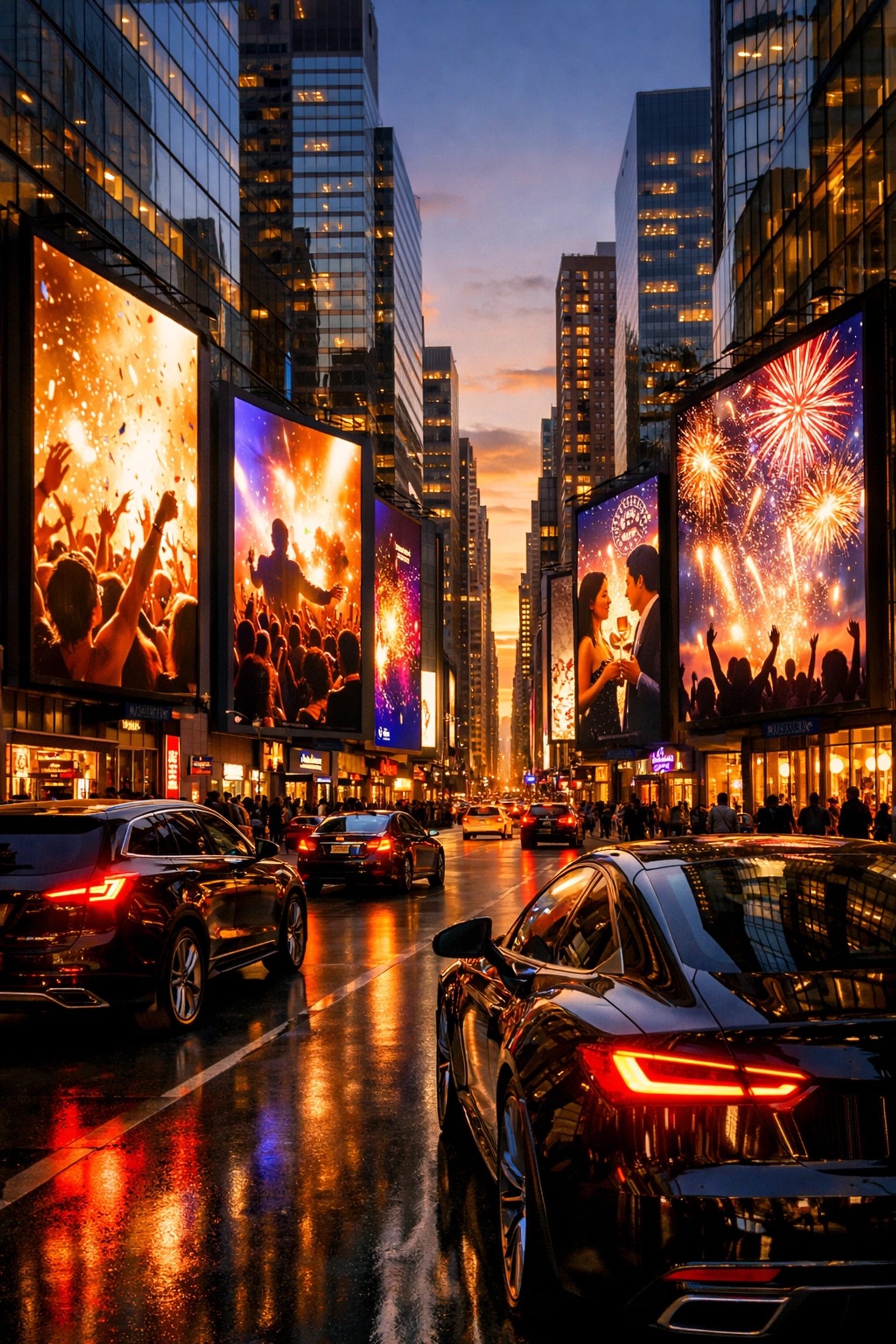 Vibrant digital billboards in a busy city district showing high-impact Super Bowl brand advertising.