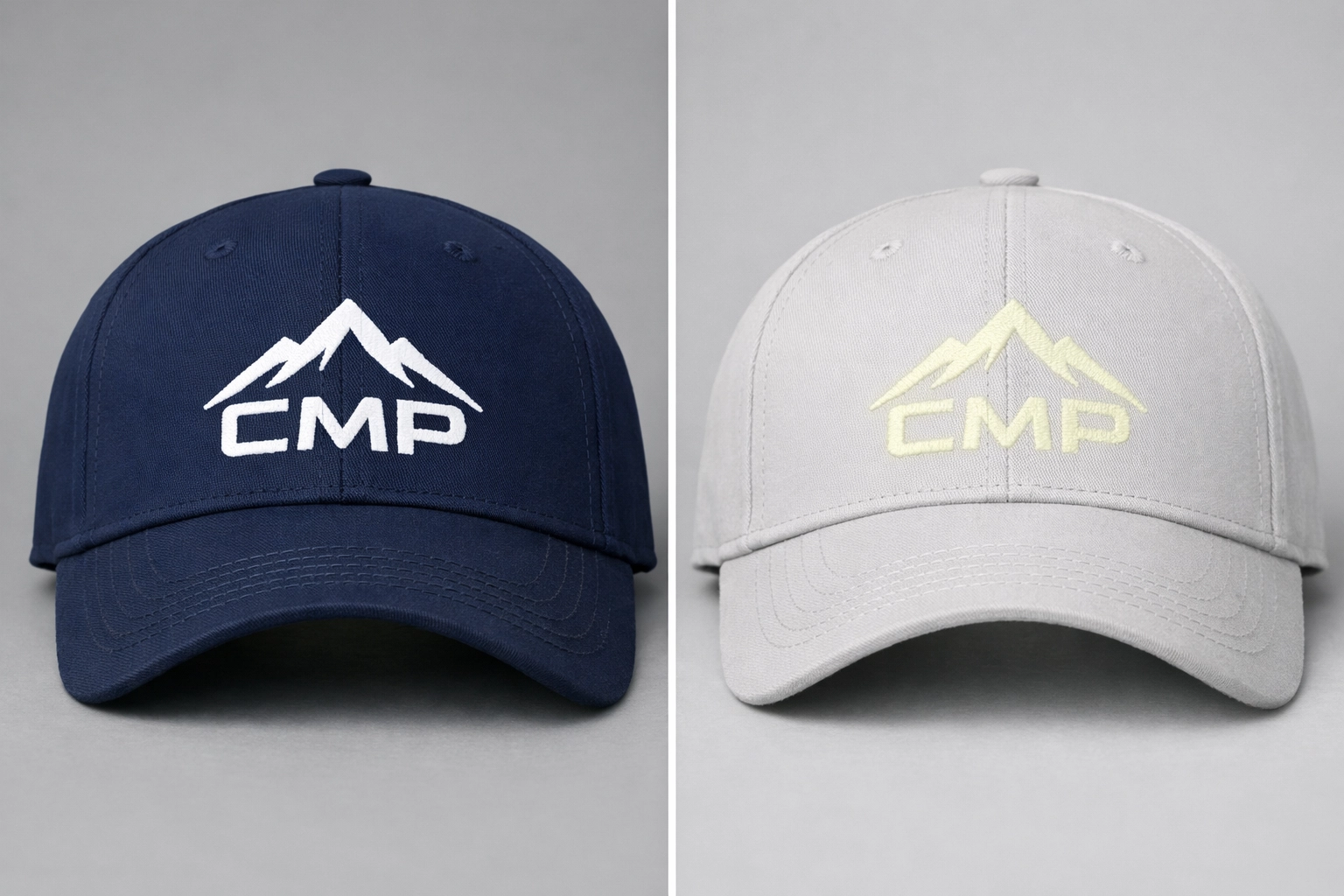 High contrast vs low contrast embroidery on custom hats showing visibility difference