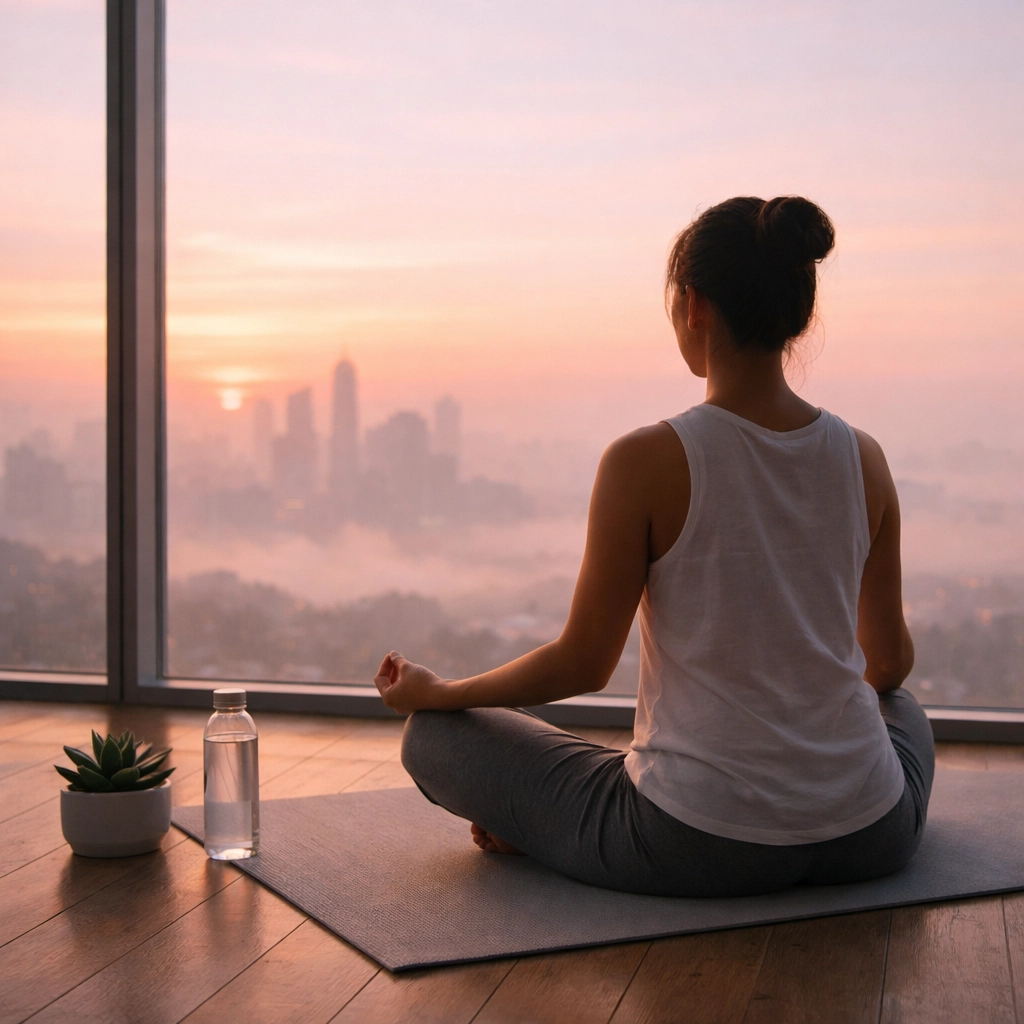 Person meditating on yoga mat during morning wellness routine at sunrise