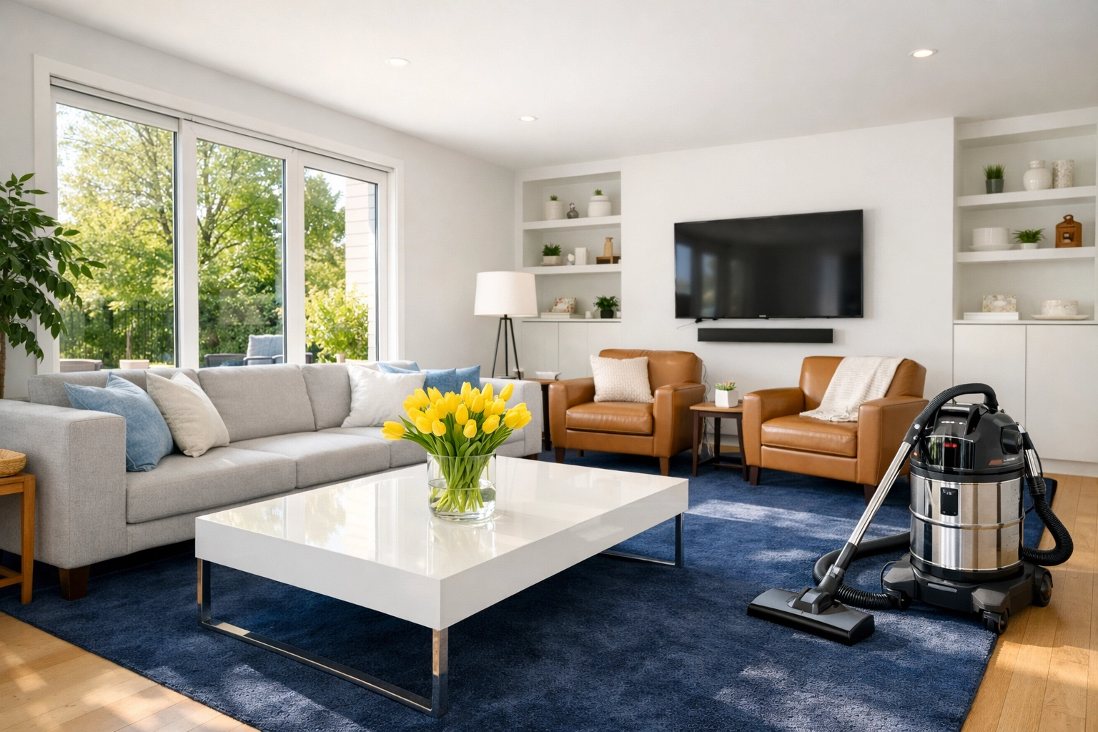 HEPA filtration vacuum in a pristine West Cambridge living room for high-quality house cleaning Cambridge MA.