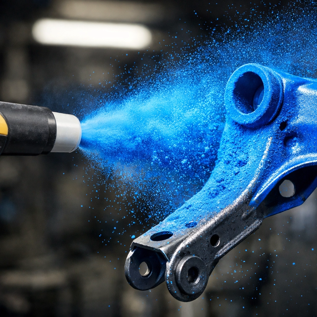 Powder coating process applying blue finish to automotive part with spray gun