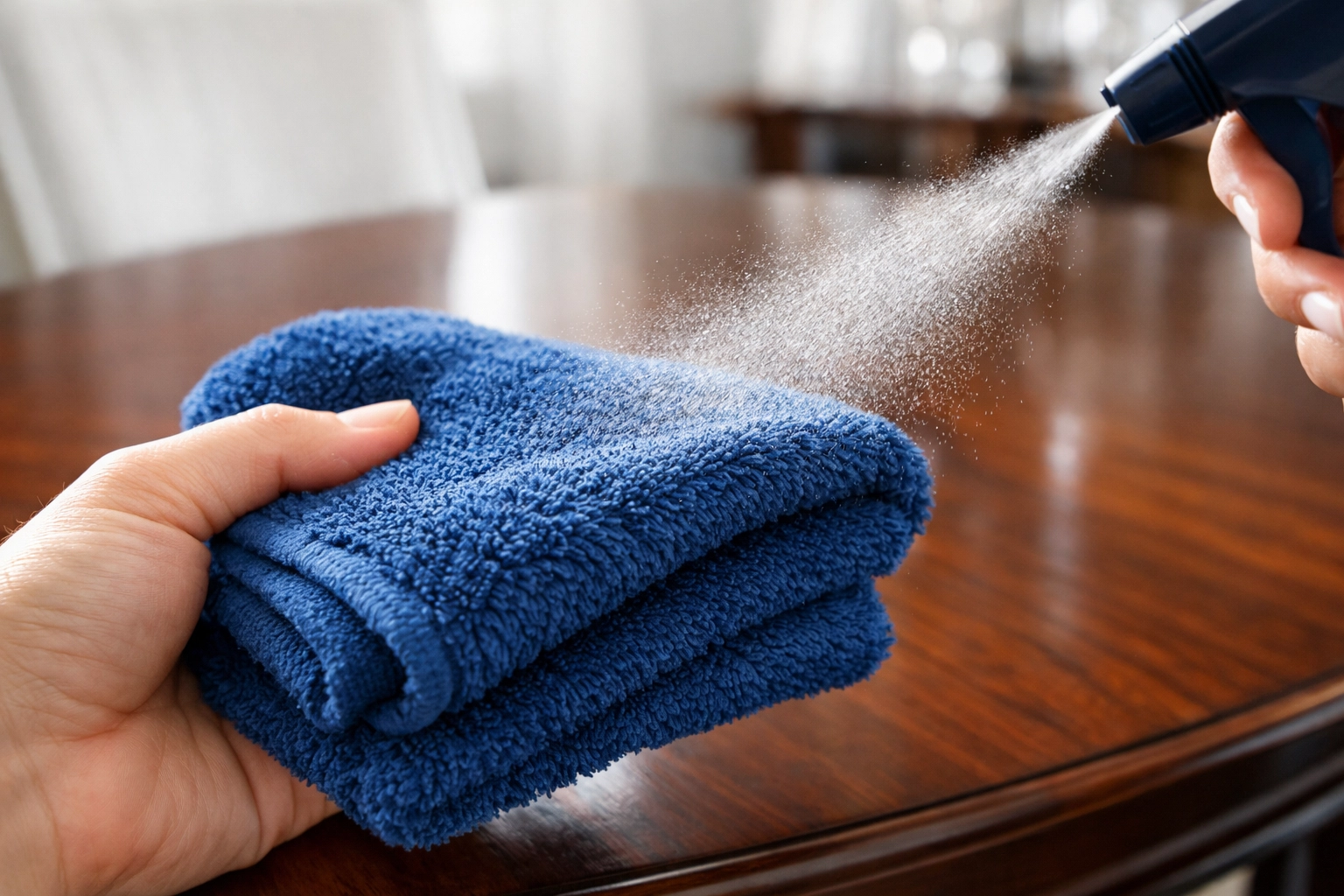 Professional deep cleaning Worcester technician spraying solution onto a cloth to protect home furniture.