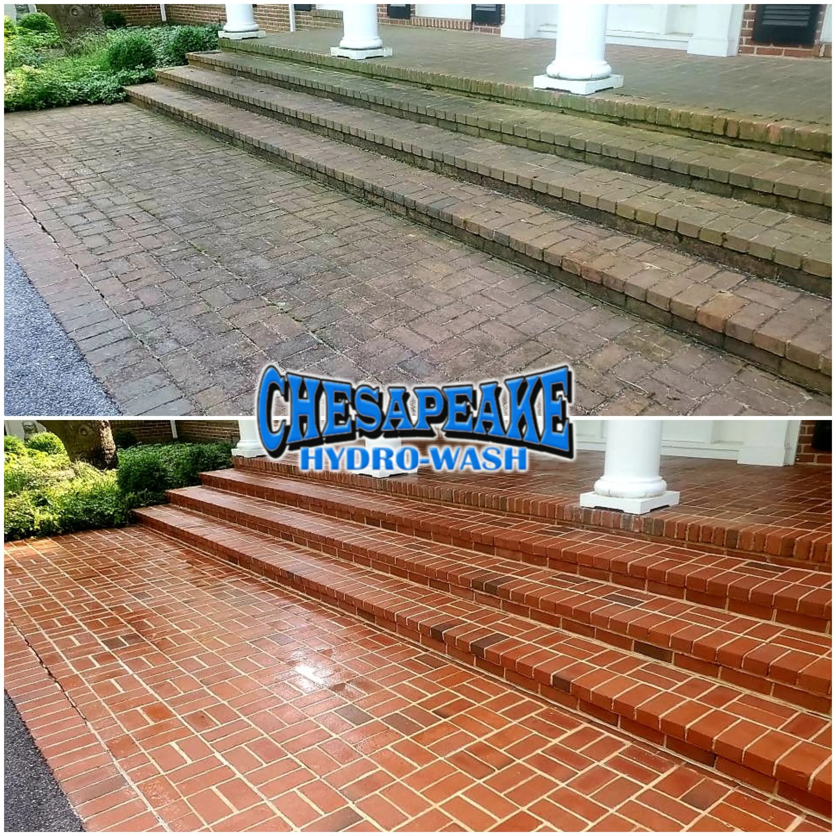 Brick entrance steps and landing showing dramatic restoration after professional power washing