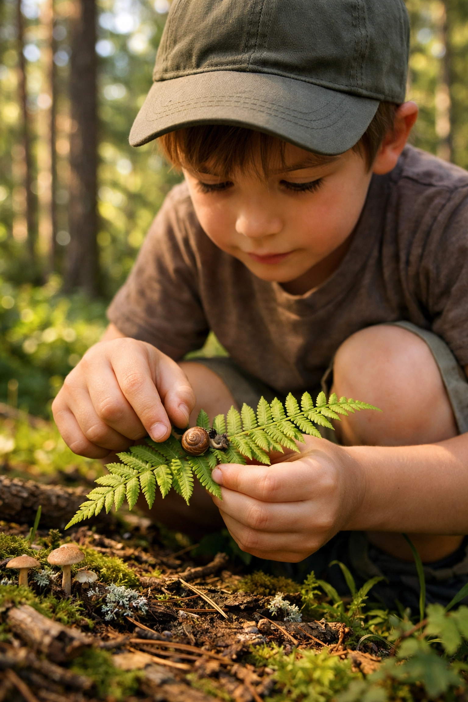 A boy discovering nature on a forest scavenger hunt, a fun outdoor activity for family vacations.