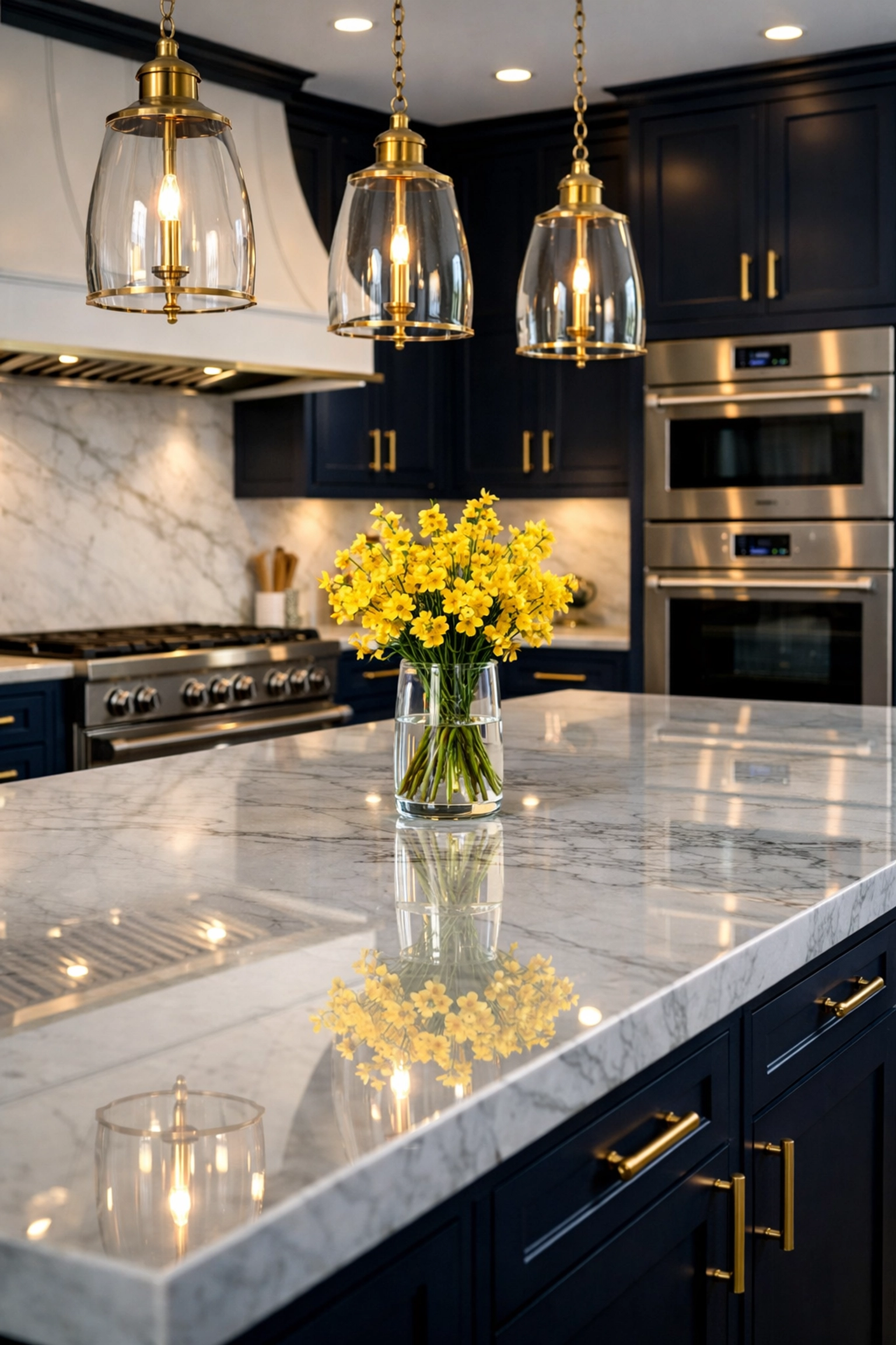 Luxury kitchen with polished marble countertops after house cleaning Worcester MA, demonstrating elite Ninja-level results.