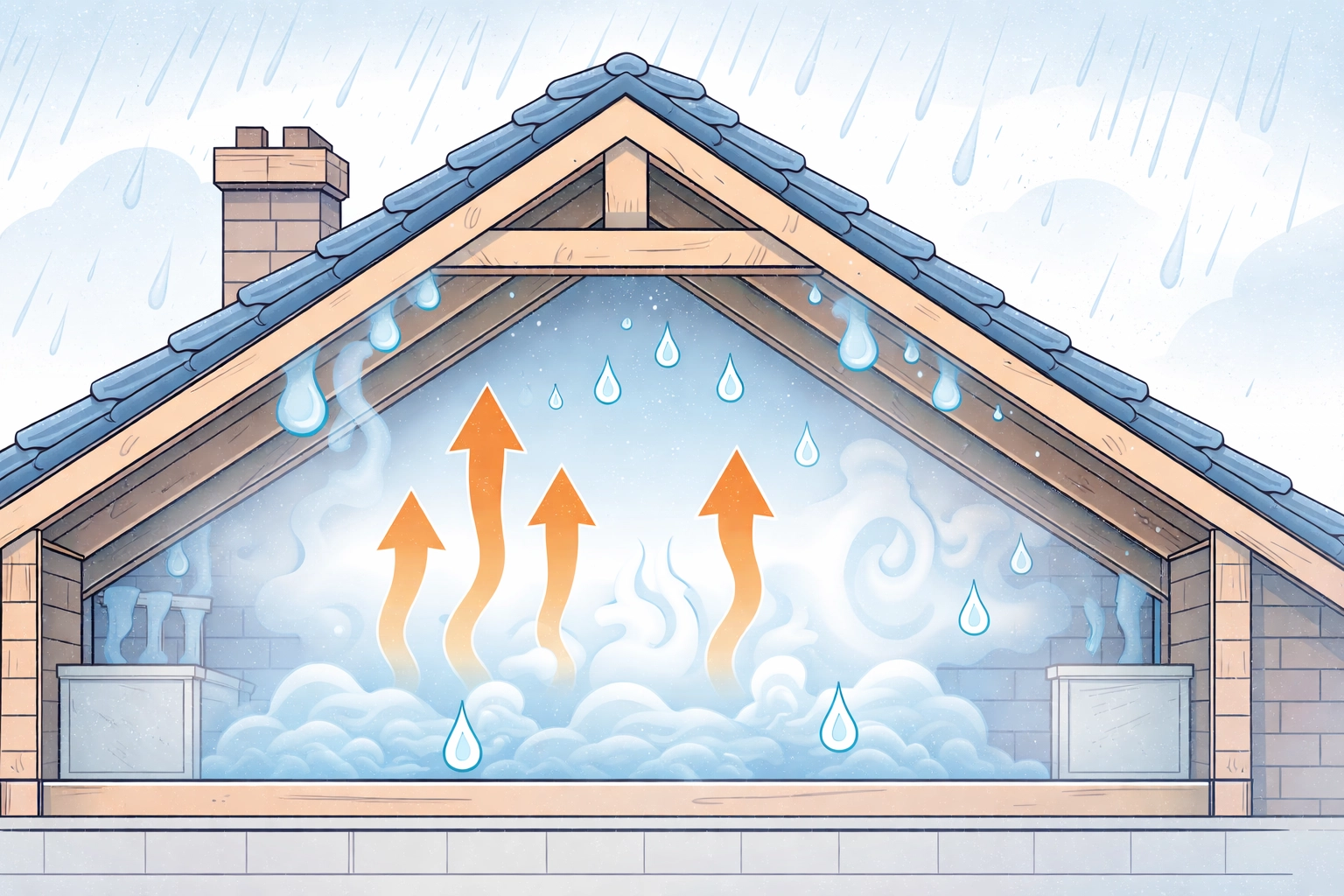 Cross-section illustration of a rainy Manchester terrace loft showing condensation forming on wooden rafters due to poor insulation.