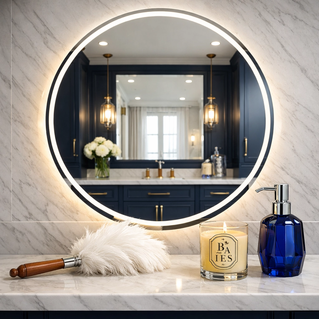 Streak-free bathroom mirror and vanity highlighting daily house cleaning maintenance.
