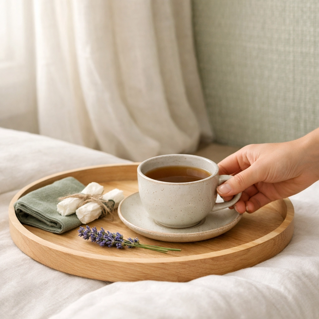 Hand reaching for a curated welcome tray in a luxury hotel suite showcasing guest personalization.