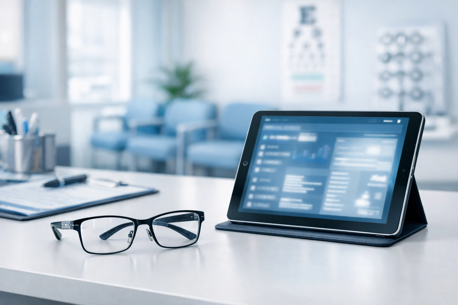 Modern optometry front desk with digital tablet for patient insurance verification and denial prevention.