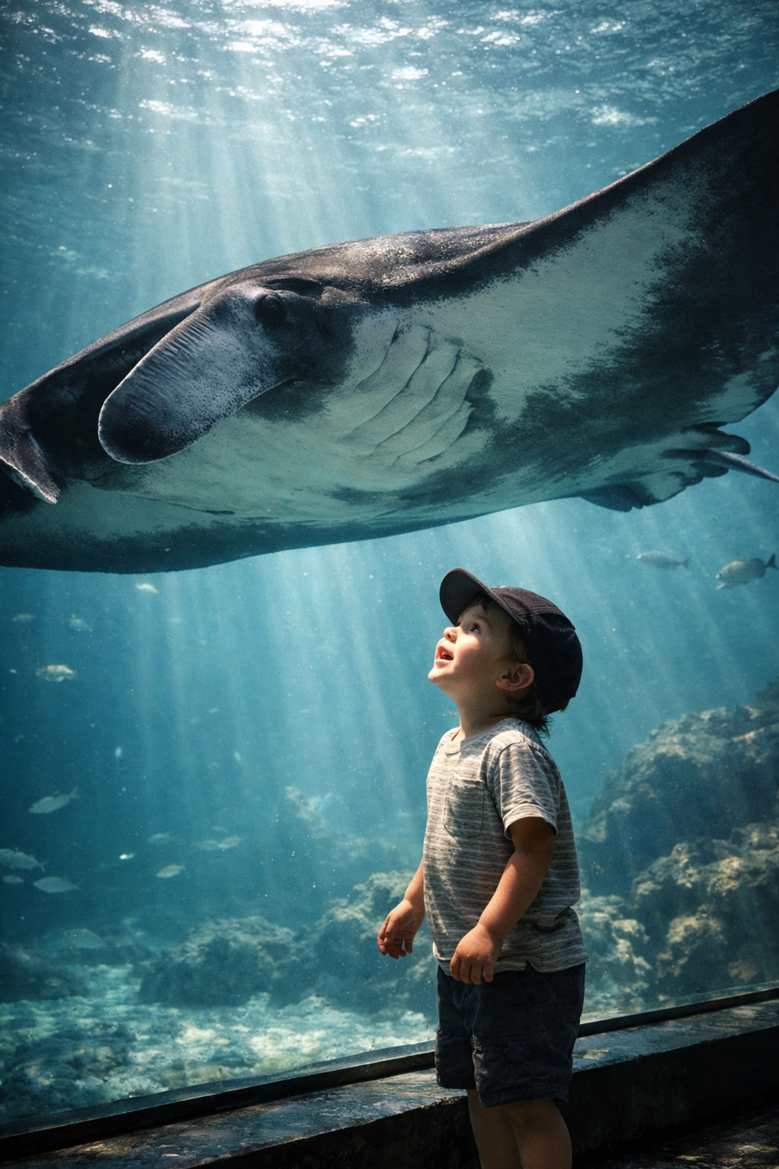 A child watching a manta ray at an aquarium, illustrating authentic wildlife imagery and conservation connection.
