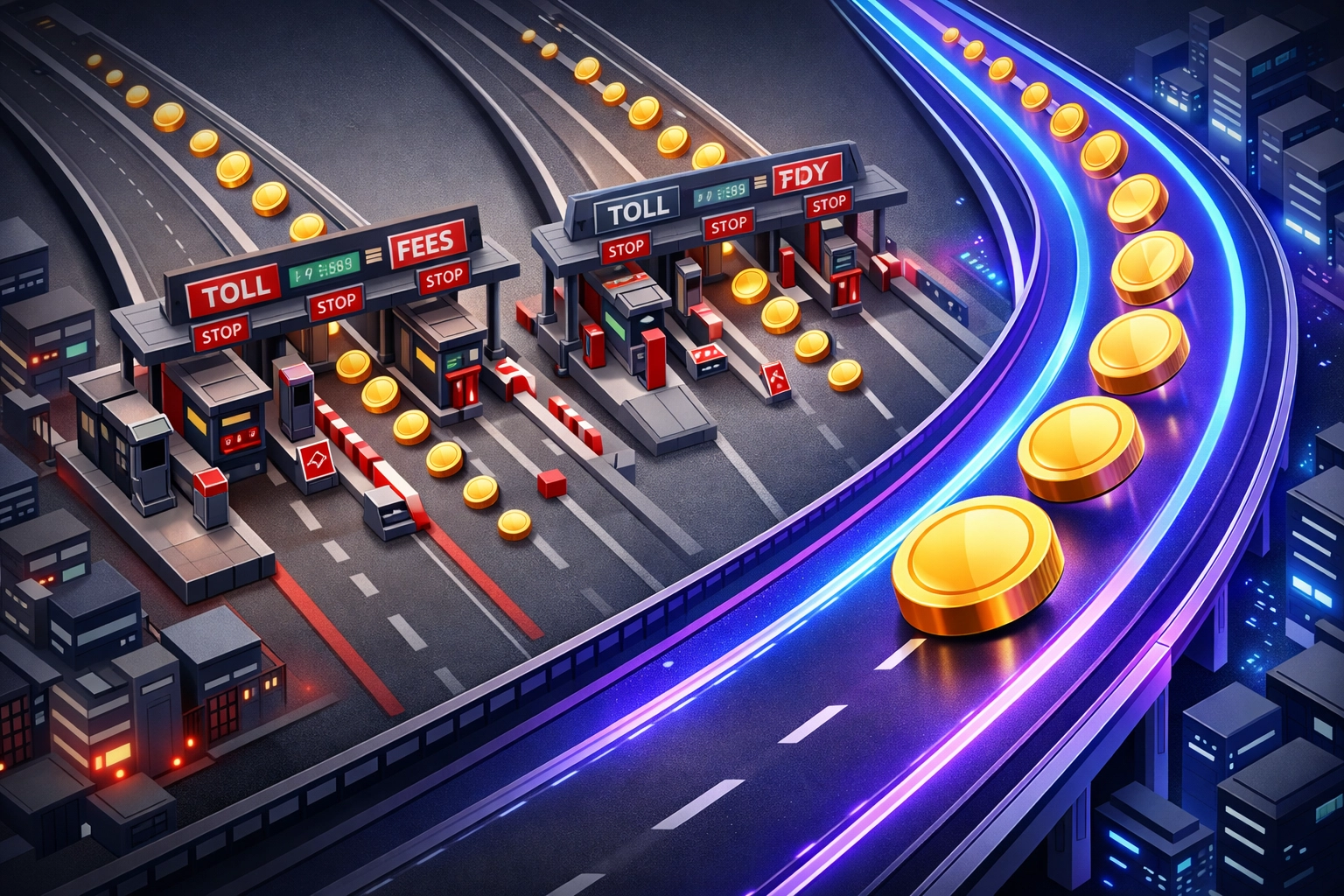 Three crypto payment processing pathways comparing fee structures and transaction costs