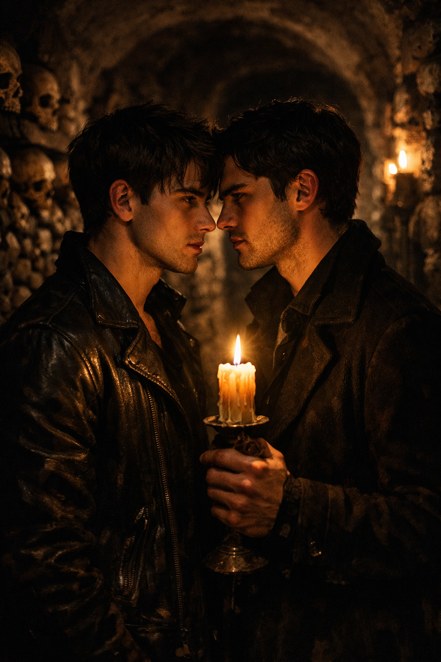 Two men share an intimate moment in candlelit Paris Catacombs for MM romance mystery story