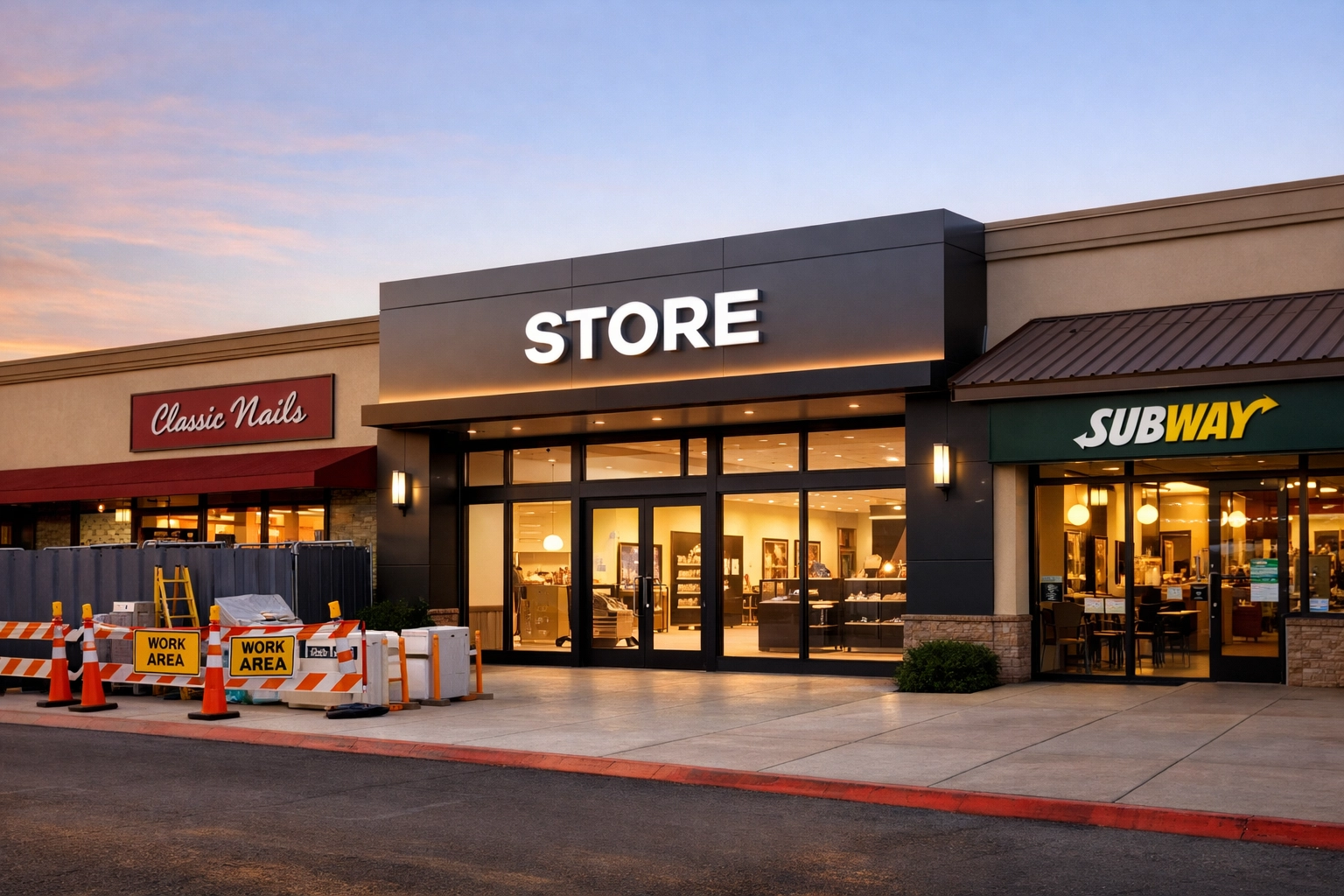 Retail shopping center during coordinated tenant renovation with minimal disruption to operations