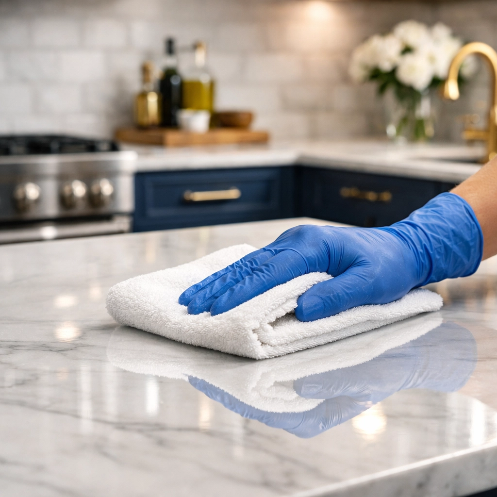 Professional cleaner polishing a kitchen counter to a shine during apartment cleaning in Westborough.