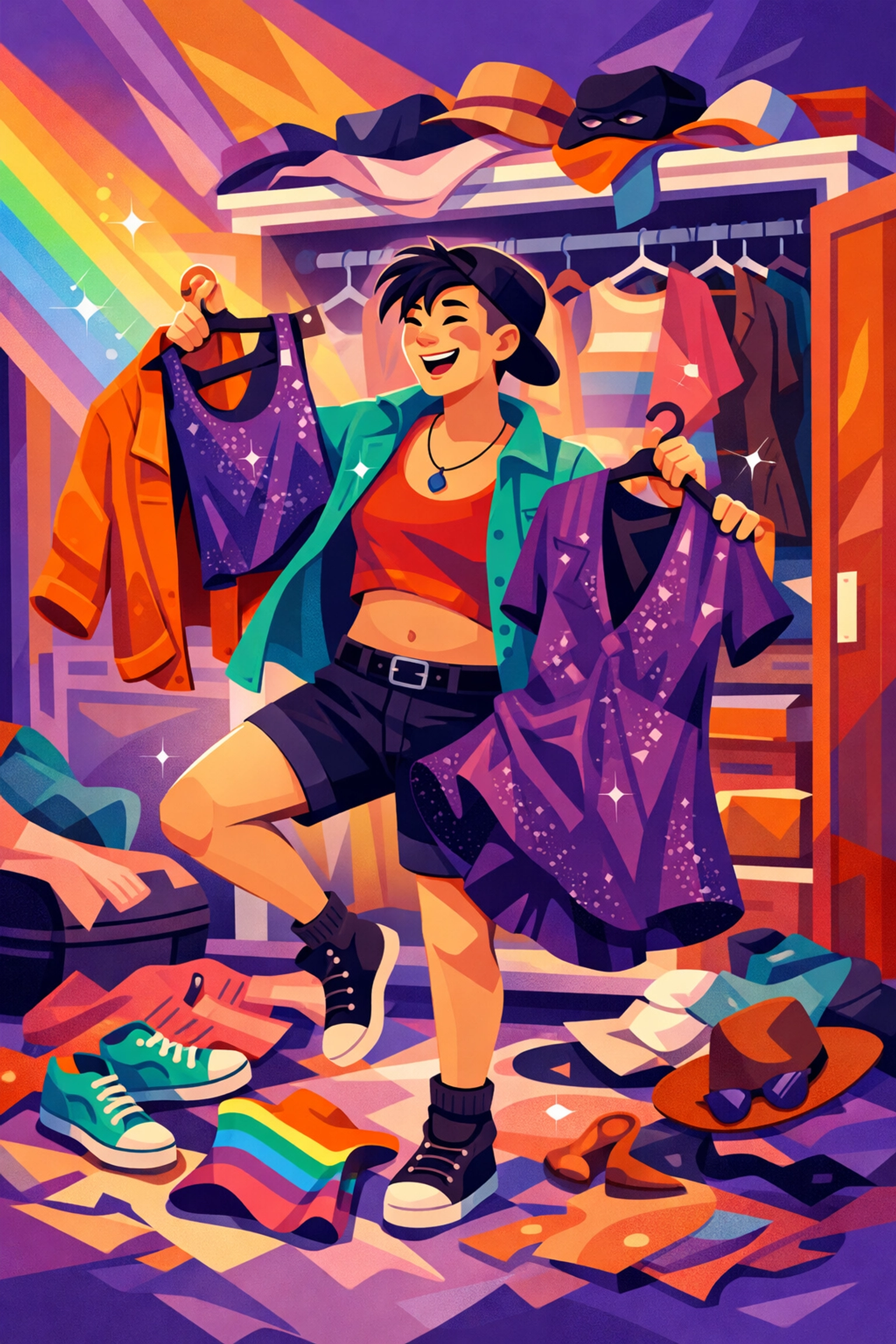 Trans masculine individual expressing freedom through clothing and self-expression
