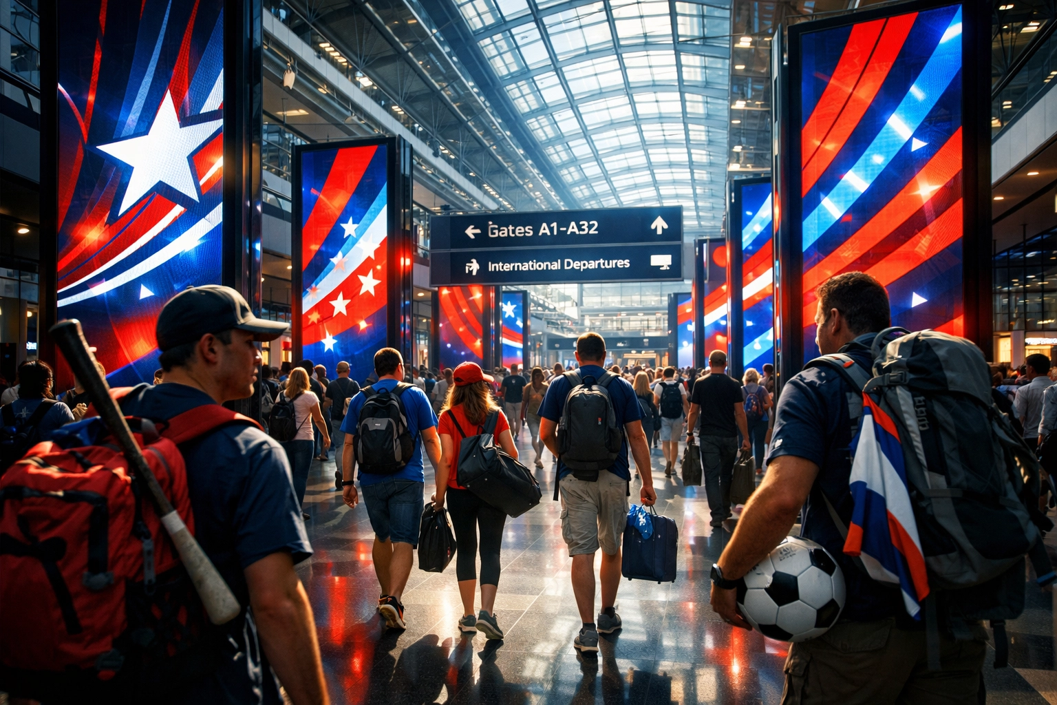 Digital OOH advertising pillars in a busy airport terminal creating a brand halo effect for fans.